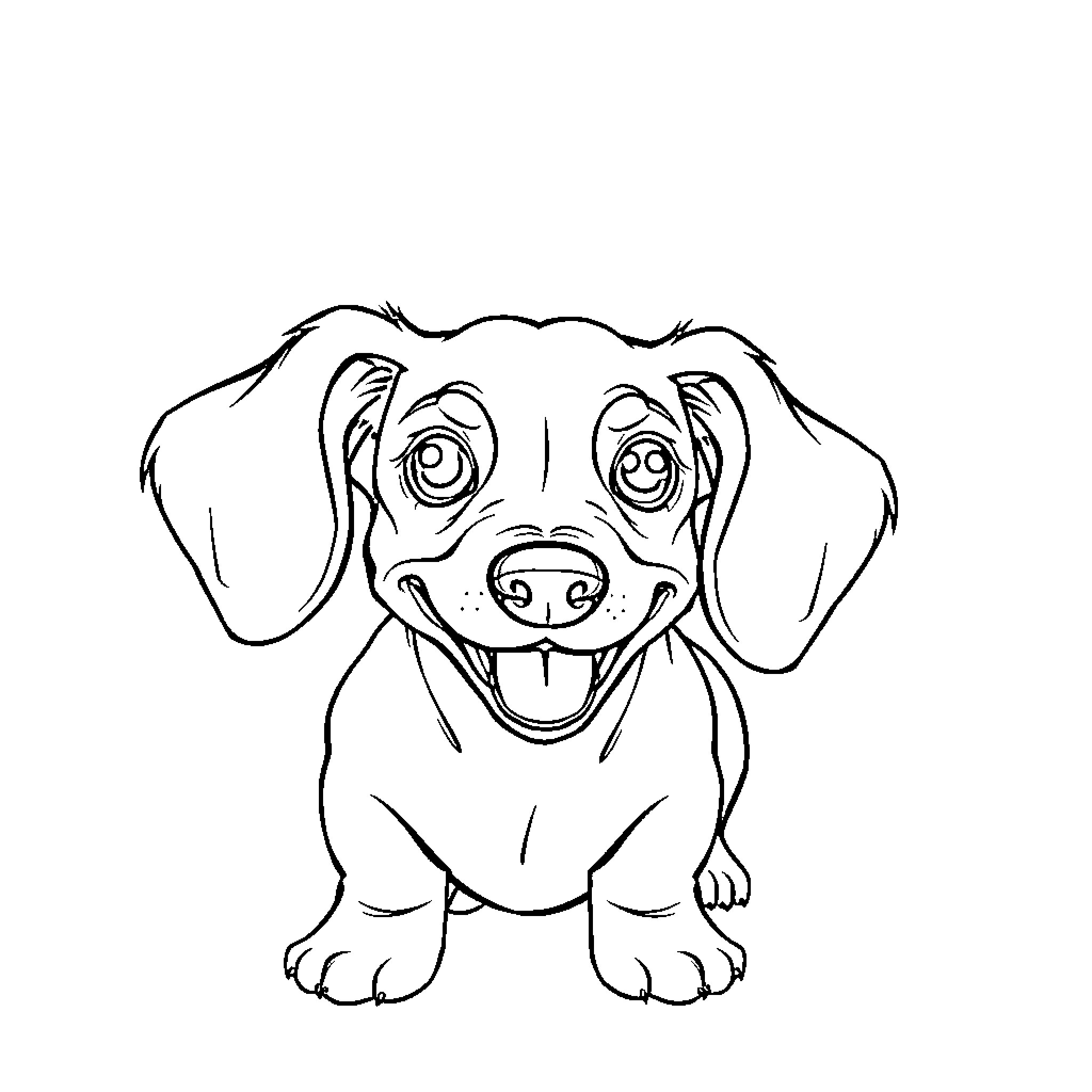 Dachshund pup with playful expression Coloring Page (free black-and-white line drawing printable PDF for all, from beginners to advanced learners, including children, teens, adults, and seniors)