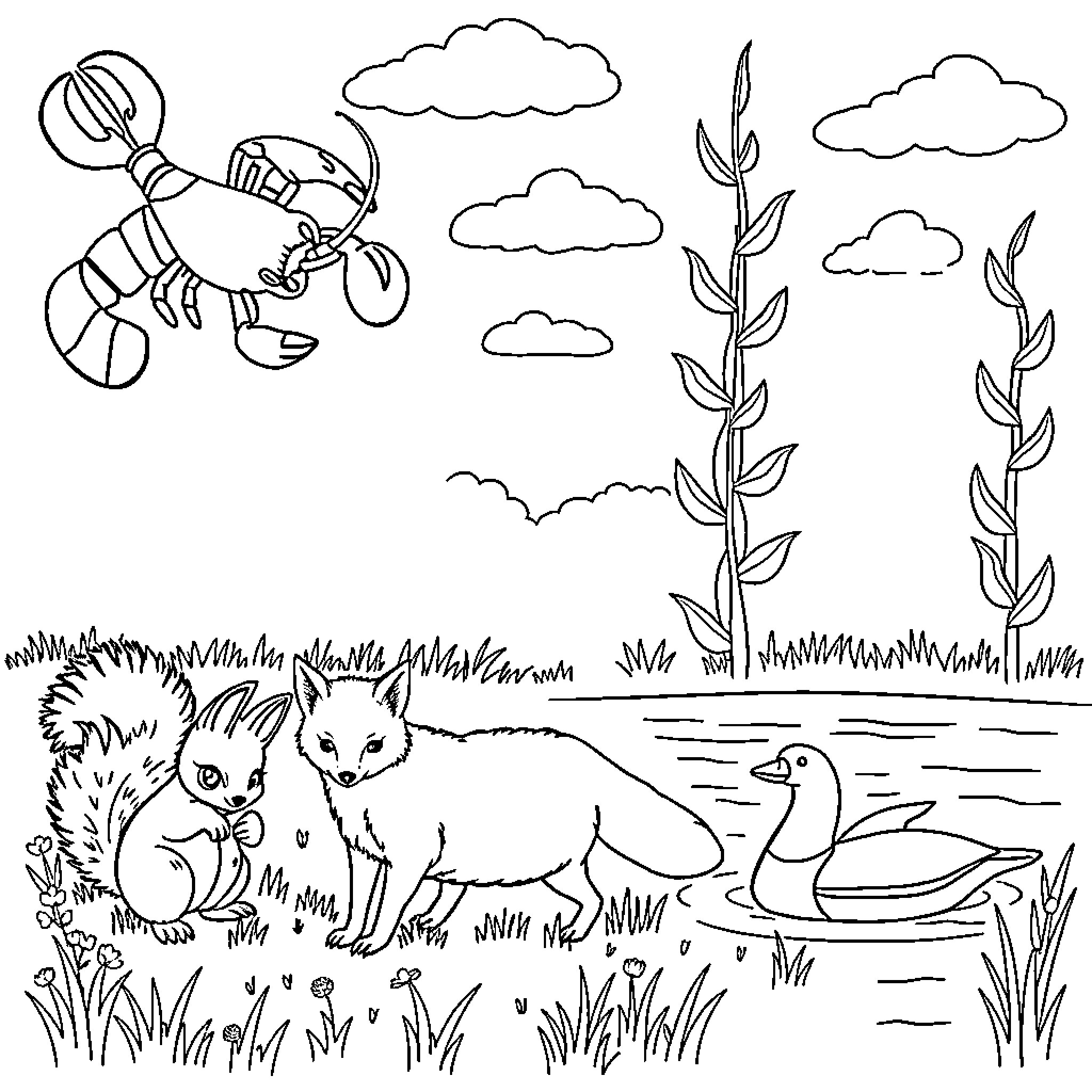 Lobster dancing with animals in nature Coloring Page (free black-and-white line drawing printable PDF for all, from beginners to advanced learners, including children, teens, adults, and seniors)