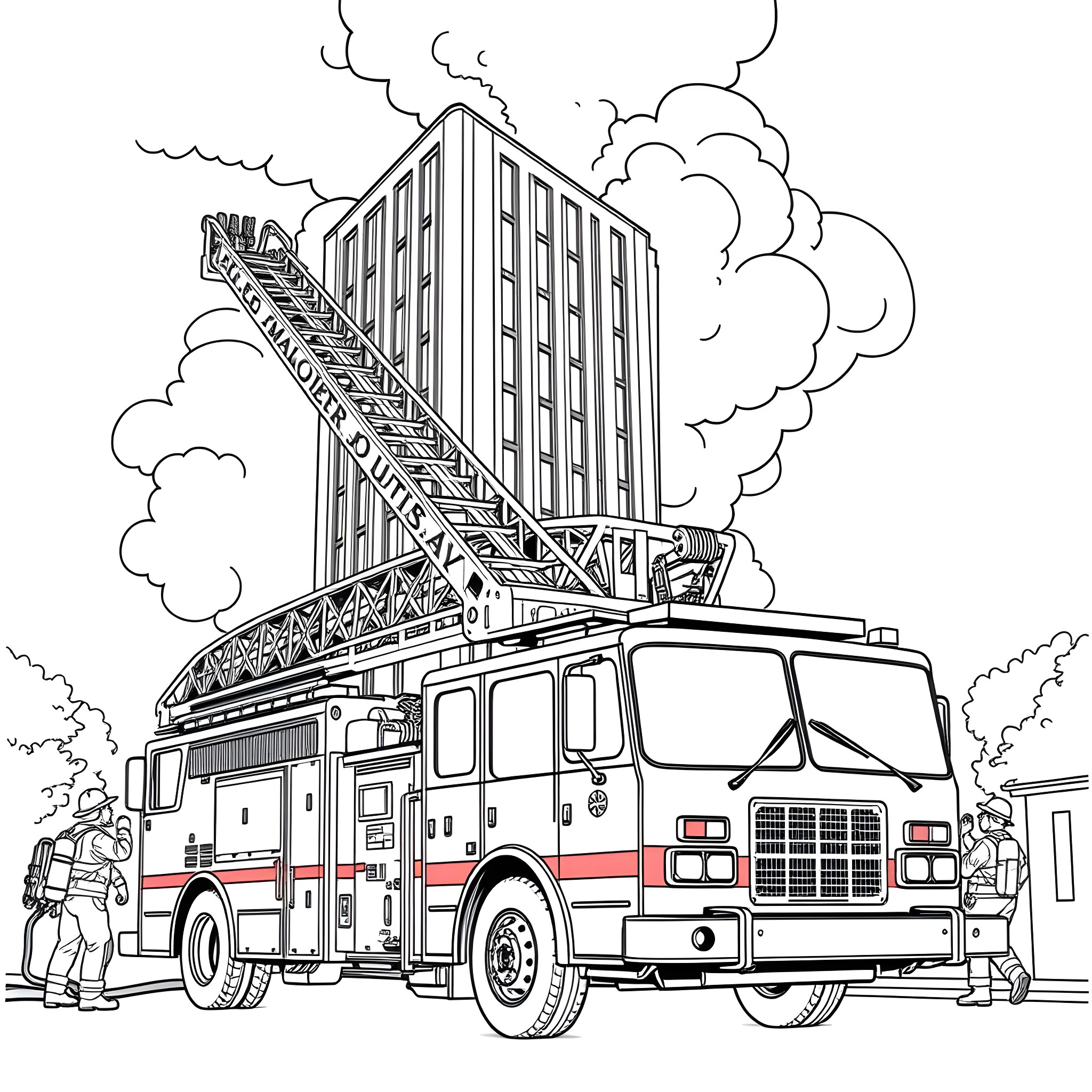Fire Truck Responding to Emergency with Raised Ladder Coloring Page (free black-and-white line drawing printable PDF for all, from beginners to advanced learners, including children, teens, adults, and seniors)