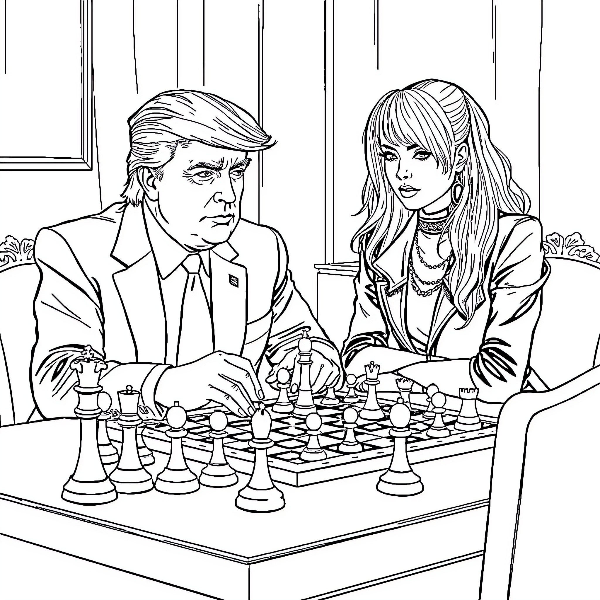 Donald Trump and female companion playing chess Coloring Page (free black-and-white line drawing printable PDF for all, from beginners to advanced learners, including children, teens, adults, and seniors)