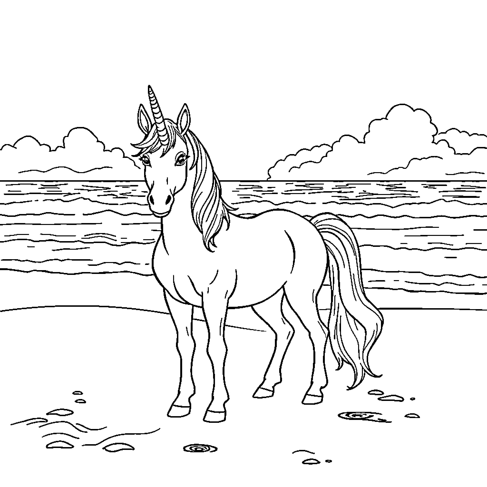 Unicorn standing majestically by the ocean Coloring Page (free black-and-white line drawing printable PDF for all, from beginners to advanced learners, including children, teens, adults, and seniors)
