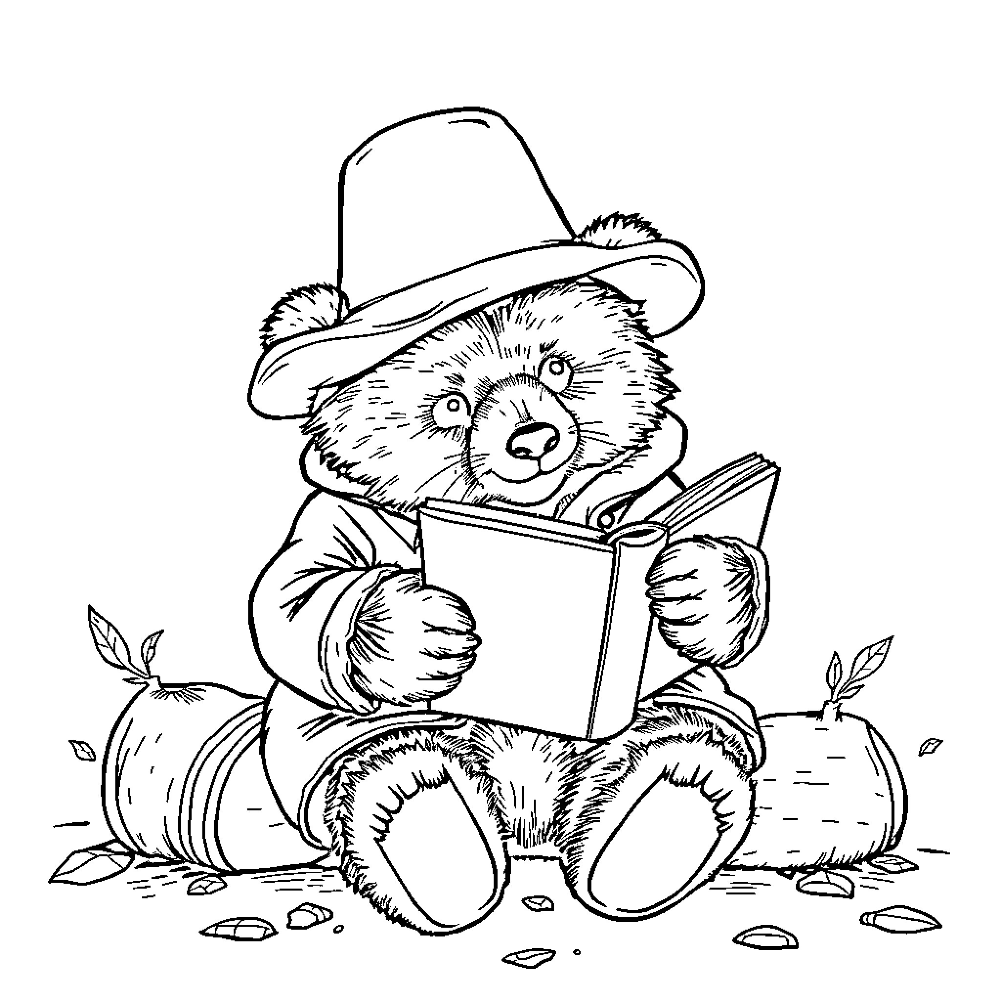 Paddington Bear Reading a Book in the Woods Coloring Page (free black-and-white line drawing printable PDF for all, from beginners to advanced learners, including children, teens, adults, and seniors)