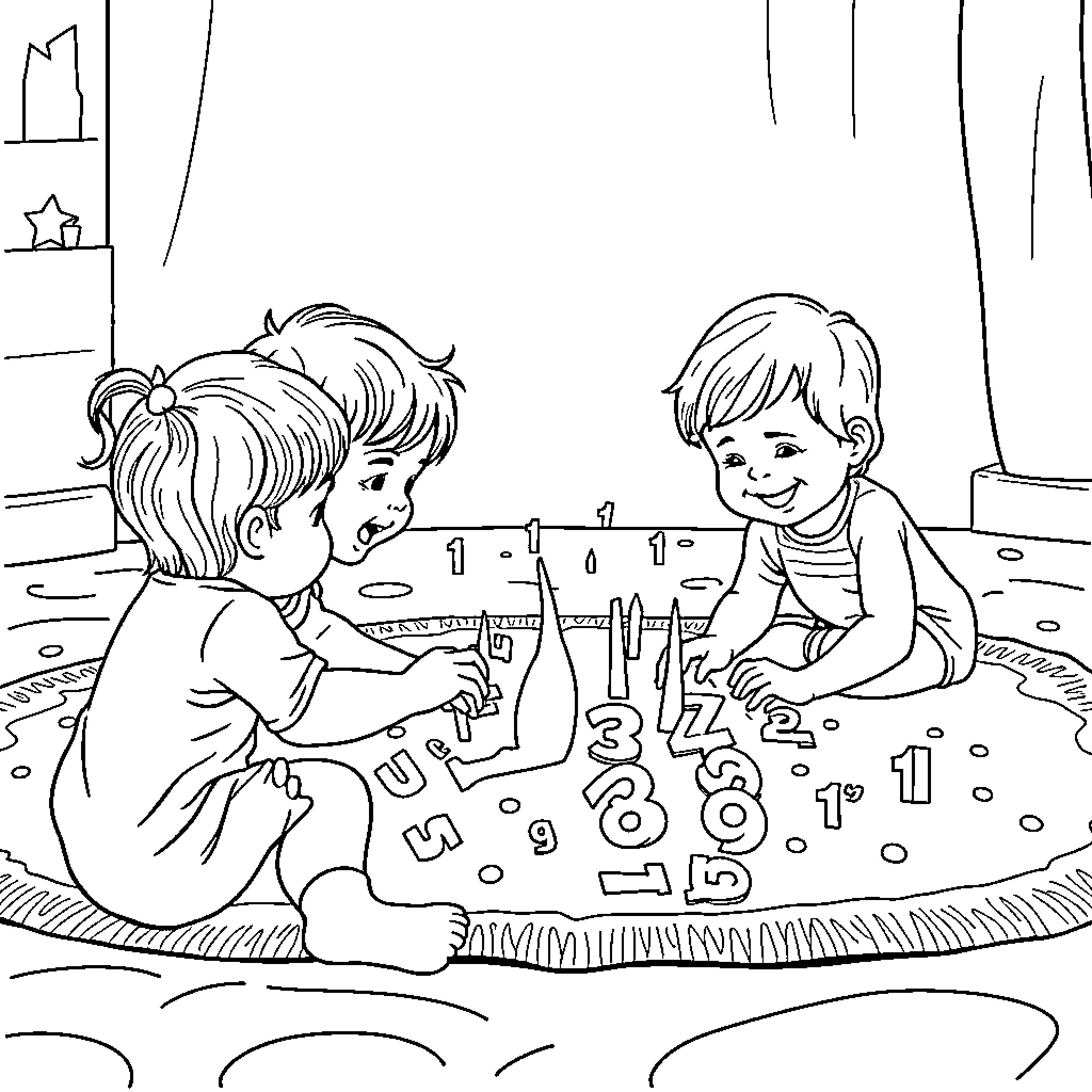 Number Kids Playing with Numbers on Floor Coloring Page (free black-and-white line drawing printable PDF for all, from beginners to advanced learners, including children, teens, adults, and seniors)