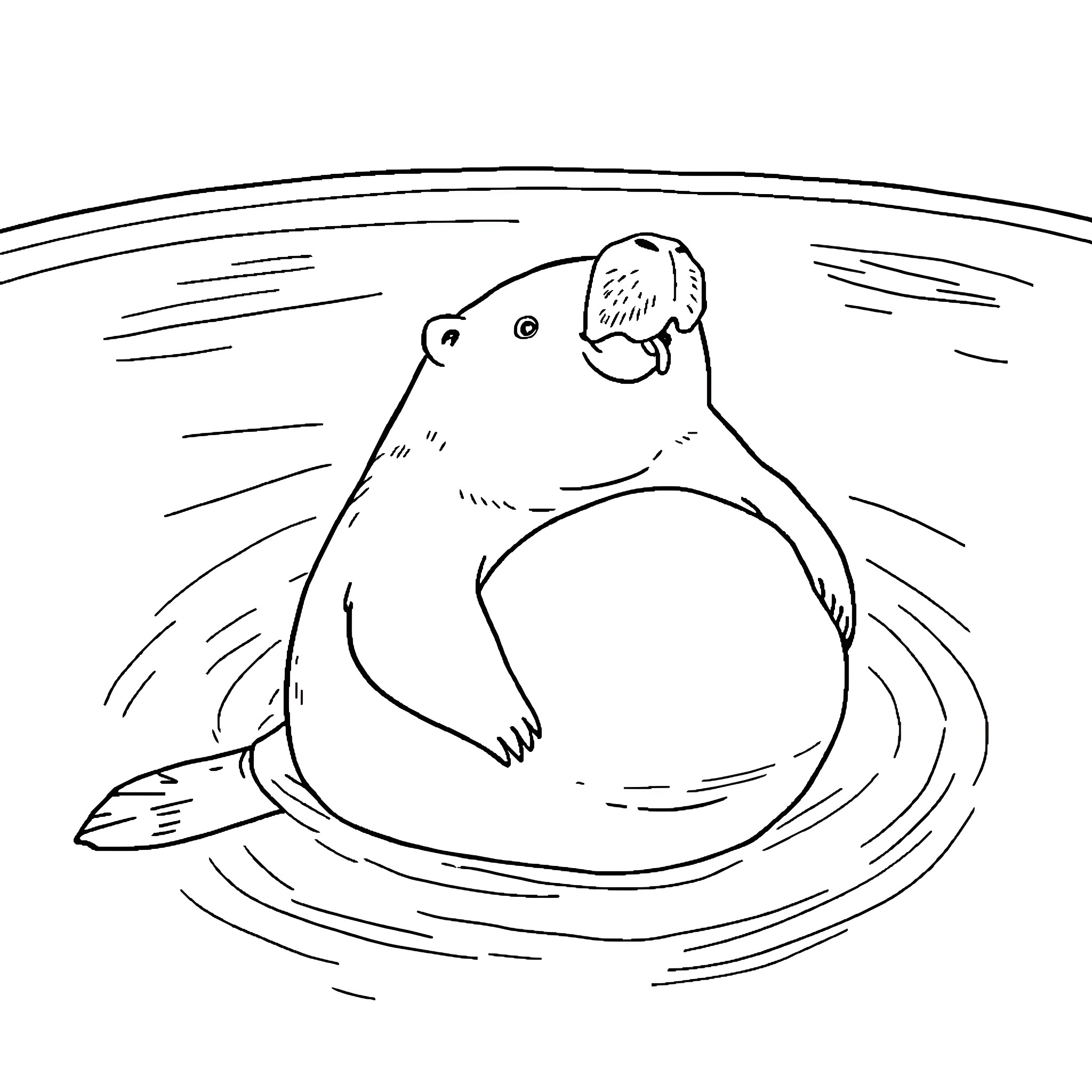 Capybara swimming happily in the water Coloring Page (free black-and-white line drawing printable PDF for all, from beginners to advanced learners, including children, teens, adults, and seniors)