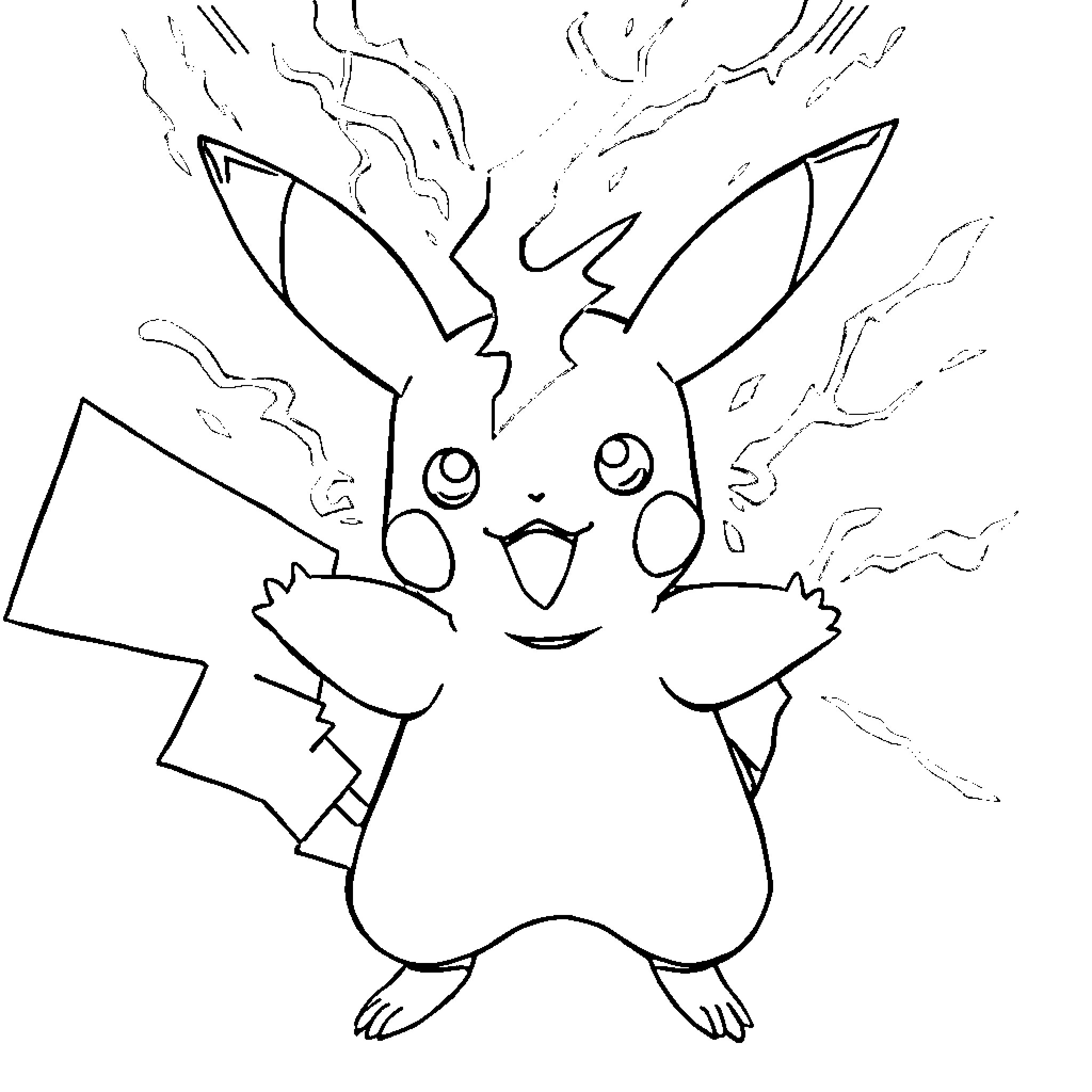 Pikachu using electrical attack Coloring Page (free black-and-white line drawing printable PDF for all, from beginners to advanced learners, including children, teens, adults, and seniors)