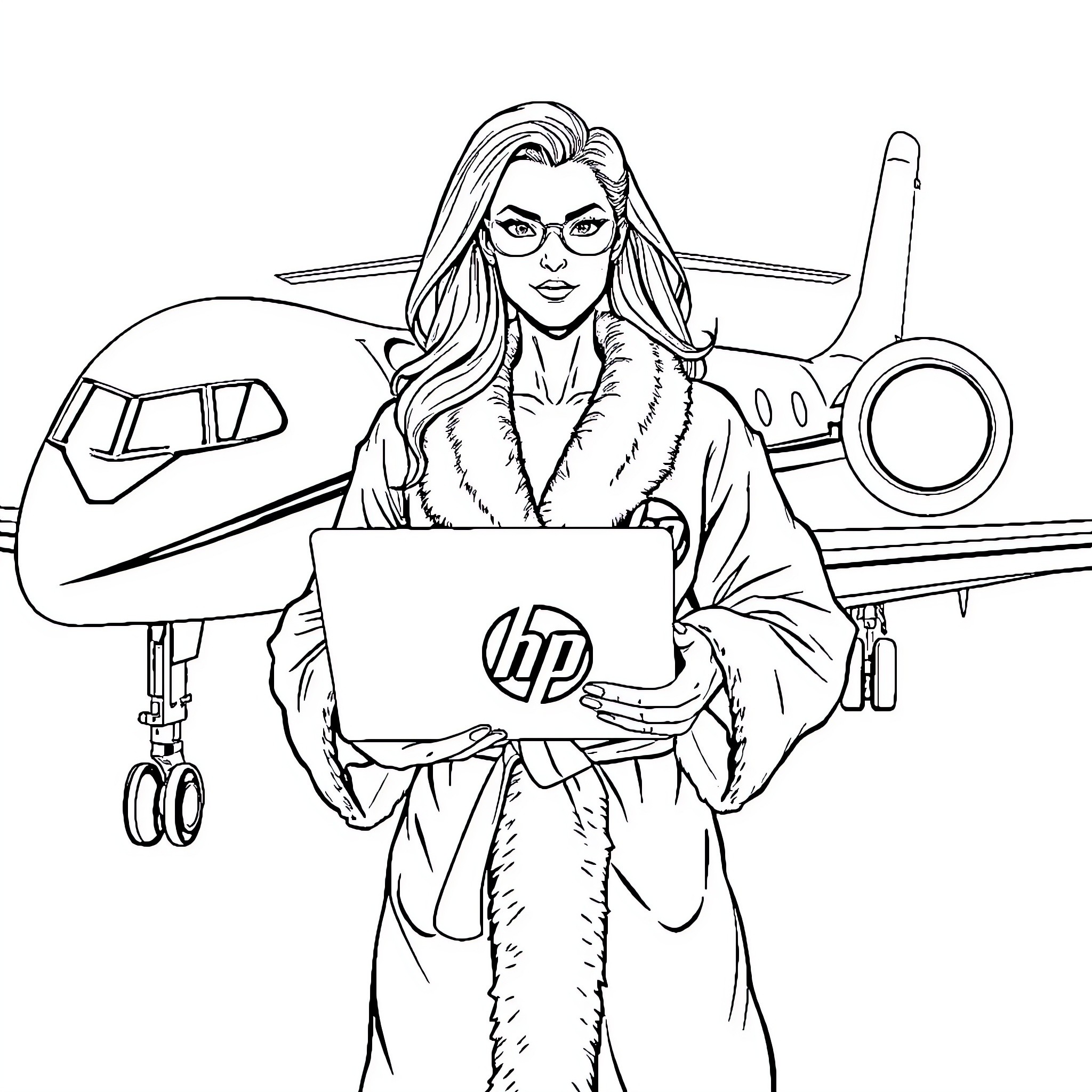 Superhero Businesswoman Traveling with Laptop and Jet Coloring Page (free black-and-white line drawing printable PDF for all, from beginners to advanced learners, including children, teens, adults, and seniors)