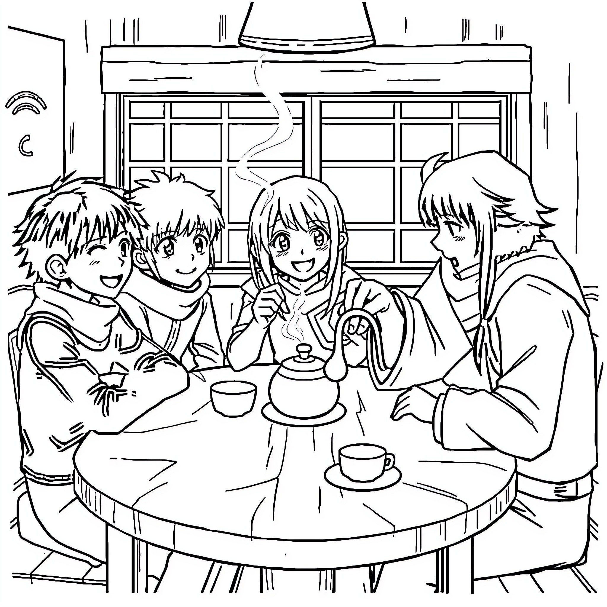 Eren Yeager and friends enjoying tea time together Coloring Page (free black-and-white line drawing printable PDF for all, from beginners to advanced learners, including children, teens, adults, and seniors)