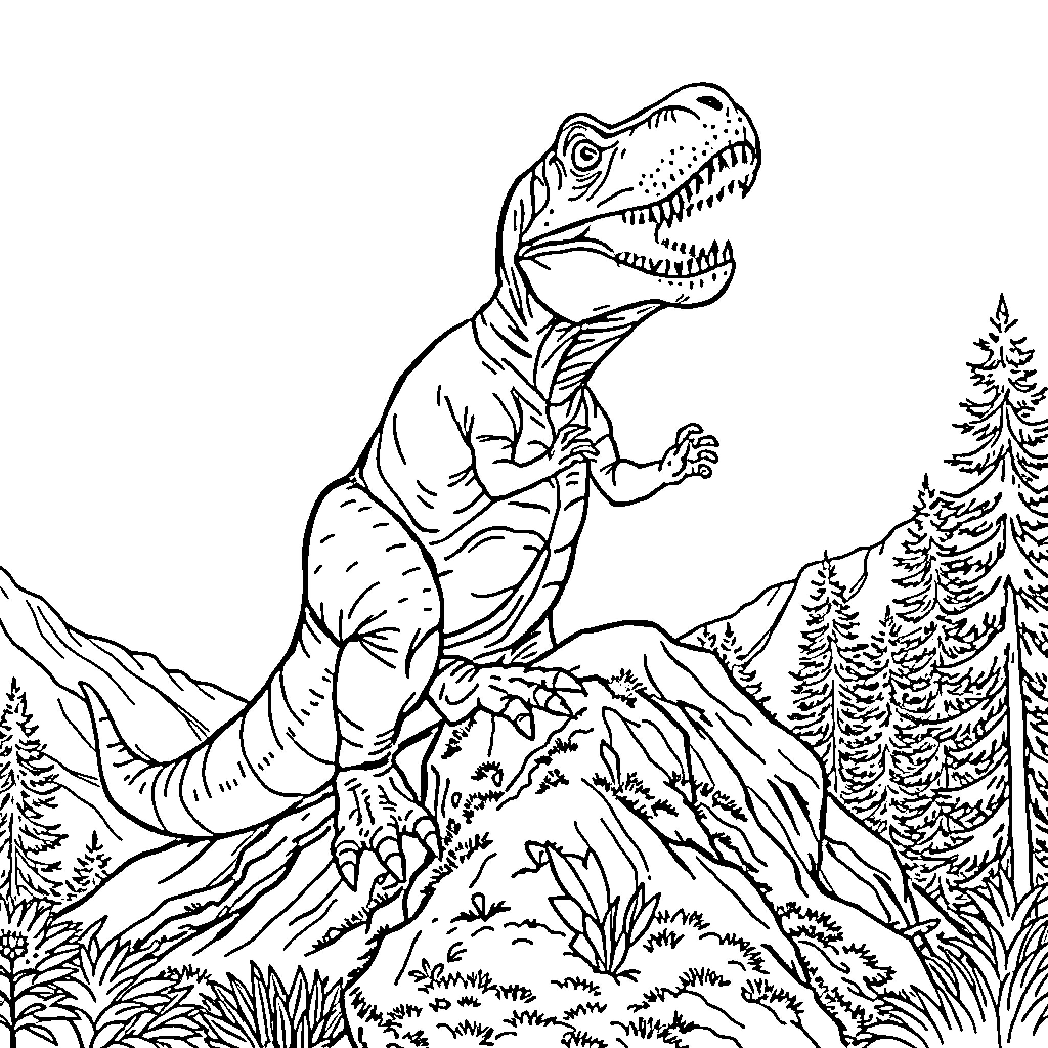 T-Rex Roaring in the Prehistoric Landscape Coloring Page (free black-and-white line drawing printable PDF for all, from beginners to advanced learners, including children, teens, adults, and seniors)