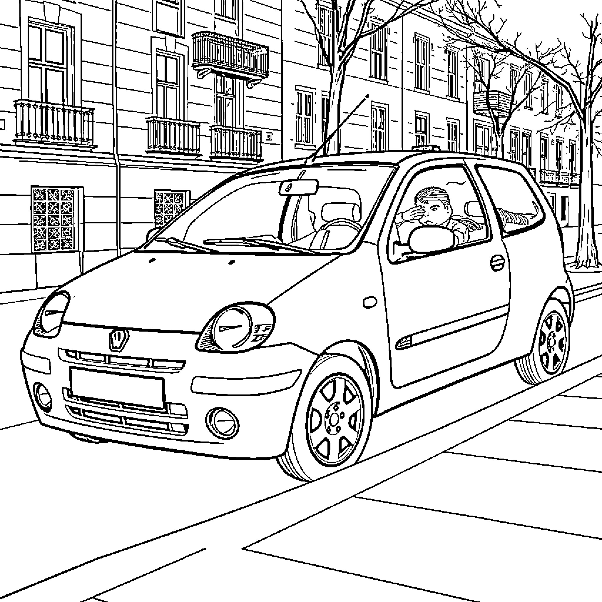 Twingo driving along city street Coloring Page (free black-and-white line drawing printable PDF for all, from beginners to advanced learners, including children, teens, adults, and seniors)