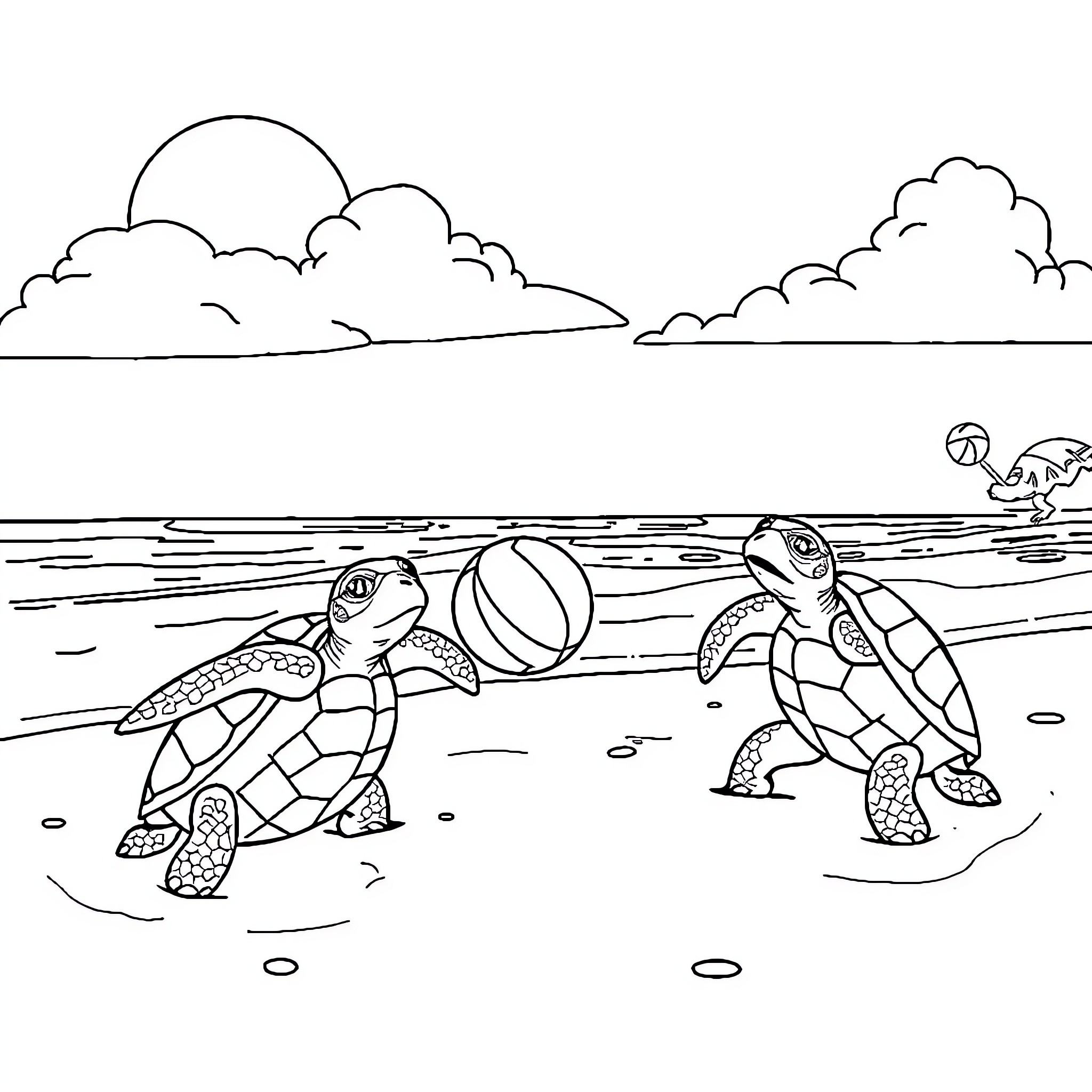 Turtles playing with beachball on the shore Coloring Page (free black-and-white line drawing printable PDF for all, from beginners to advanced learners, including children, teens, adults, and seniors)