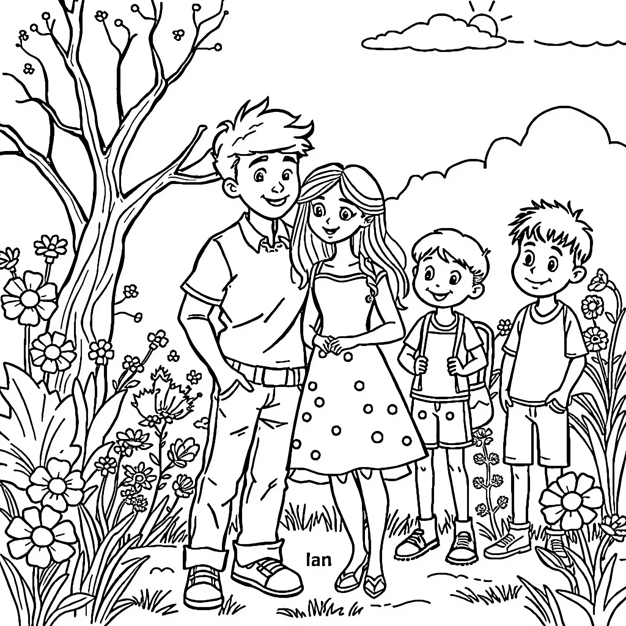 Jack and Sally's Family Outdoor Adventure Coloring Page (free black-and-white line drawing printable PDF for all, from beginners to advanced learners, including children, teens, adults, and seniors)