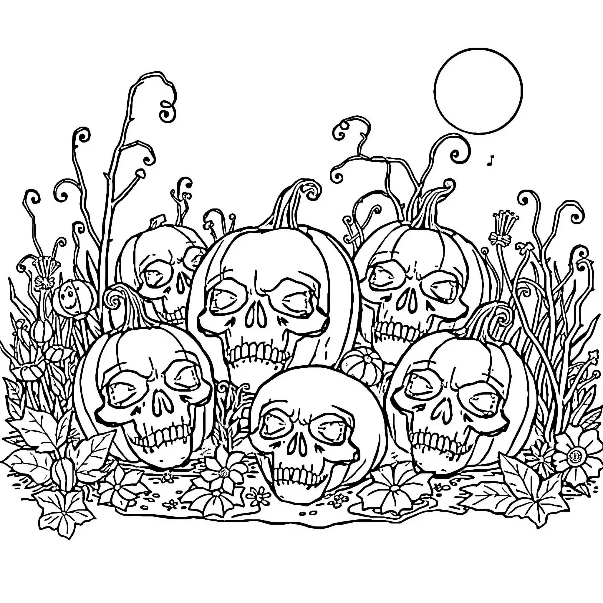 Skull Patch with Haunting Pumpkins in Foliage Coloring Page (free black-and-white line drawing printable PDF for all, from beginners to advanced learners, including children, teens, adults, and seniors)