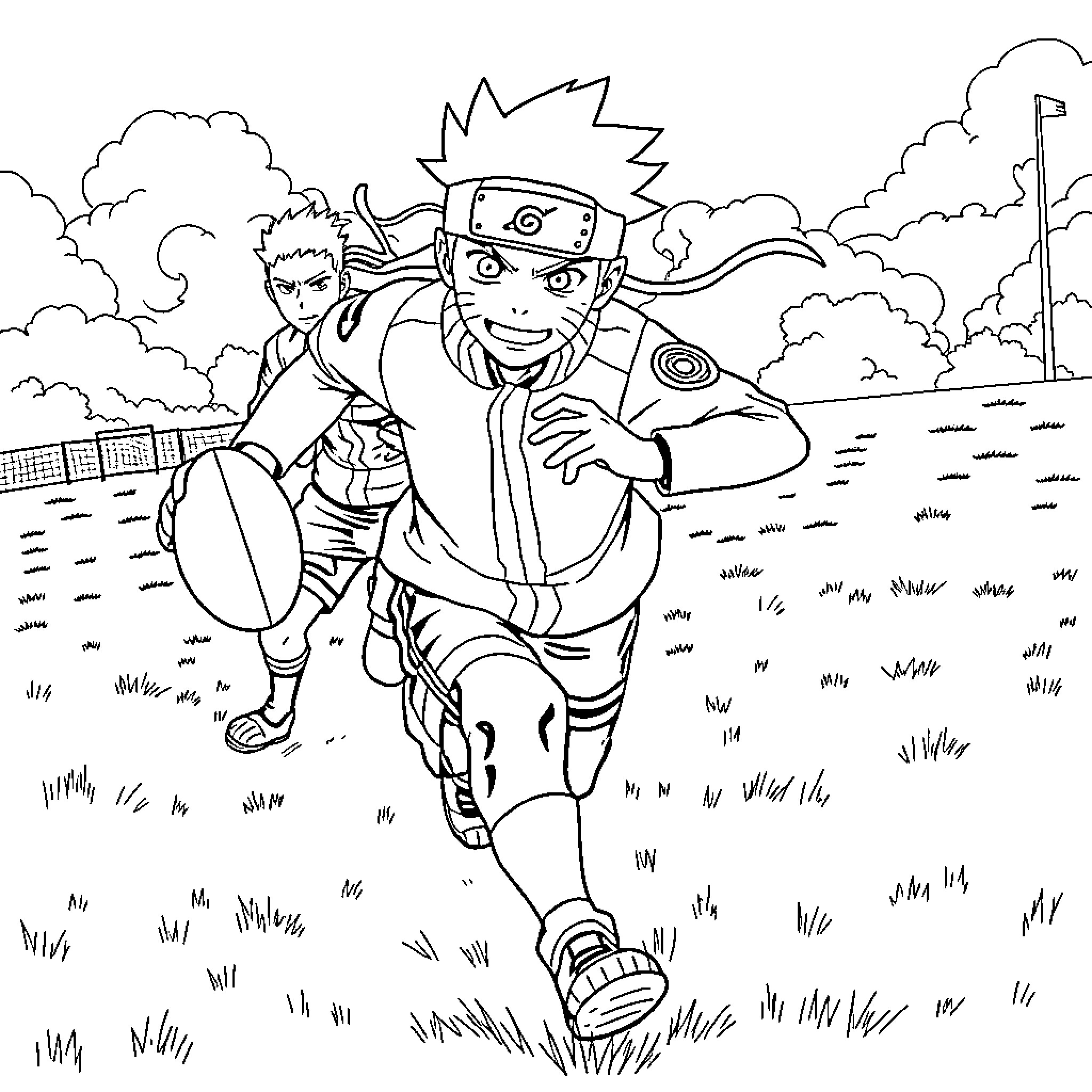 Naruto running excitedly through the village Coloring Page (free black-and-white line drawing printable PDF for all, from beginners to advanced learners, including children, teens, adults, and seniors)
