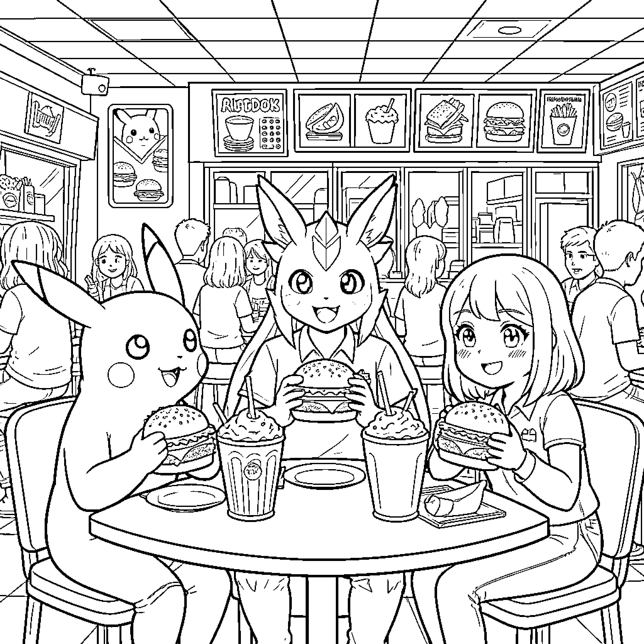 Pikachu and Friends Enjoying Snacks at the Cafe Coloring Page (free black-and-white line drawing printable PDF for all, from beginners to advanced learners, including children, teens, adults, and seniors)