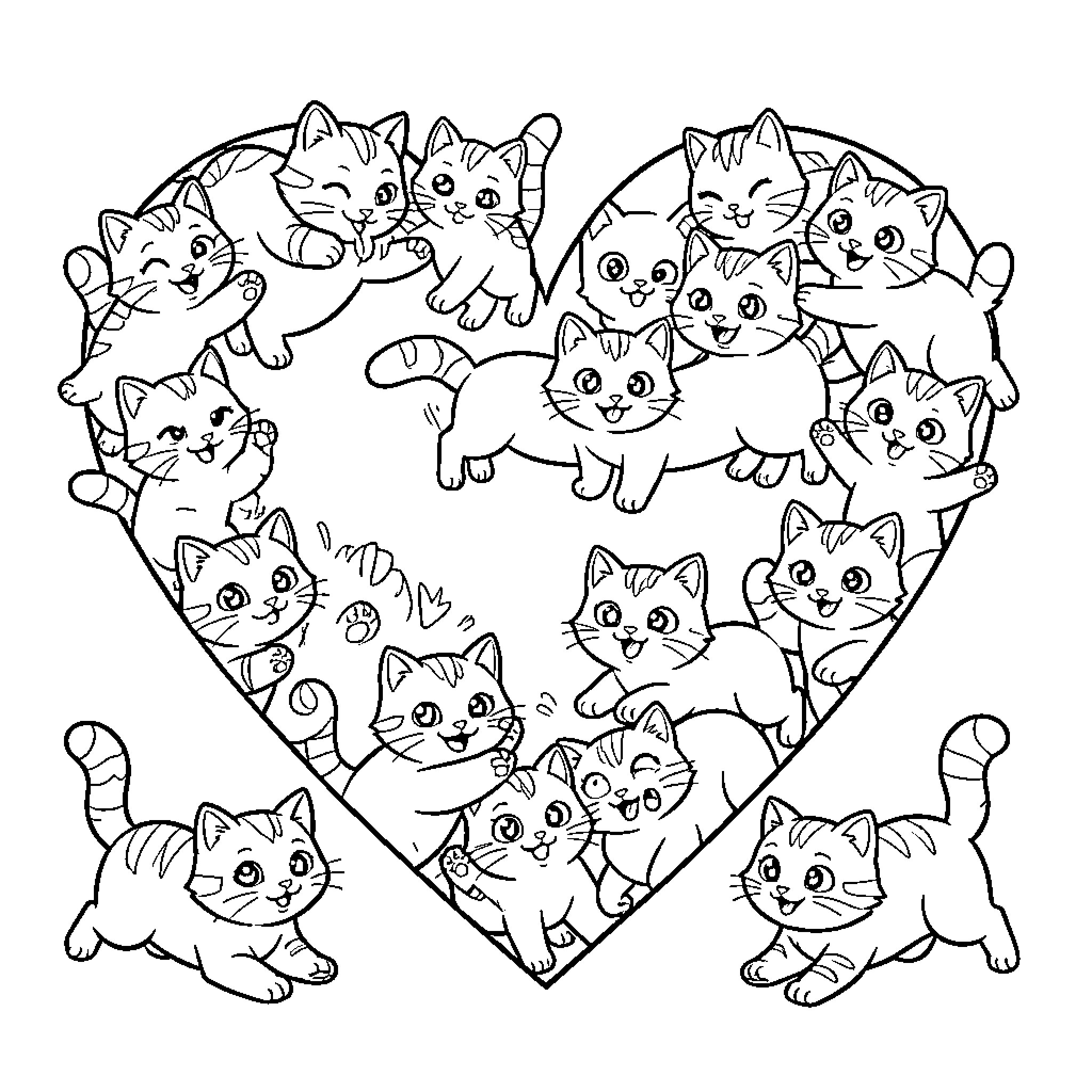 Heart filled with many joyful playing kittens Coloring Page (free black-and-white line drawing printable PDF for all, from beginners to advanced learners, including children, teens, adults, and seniors)