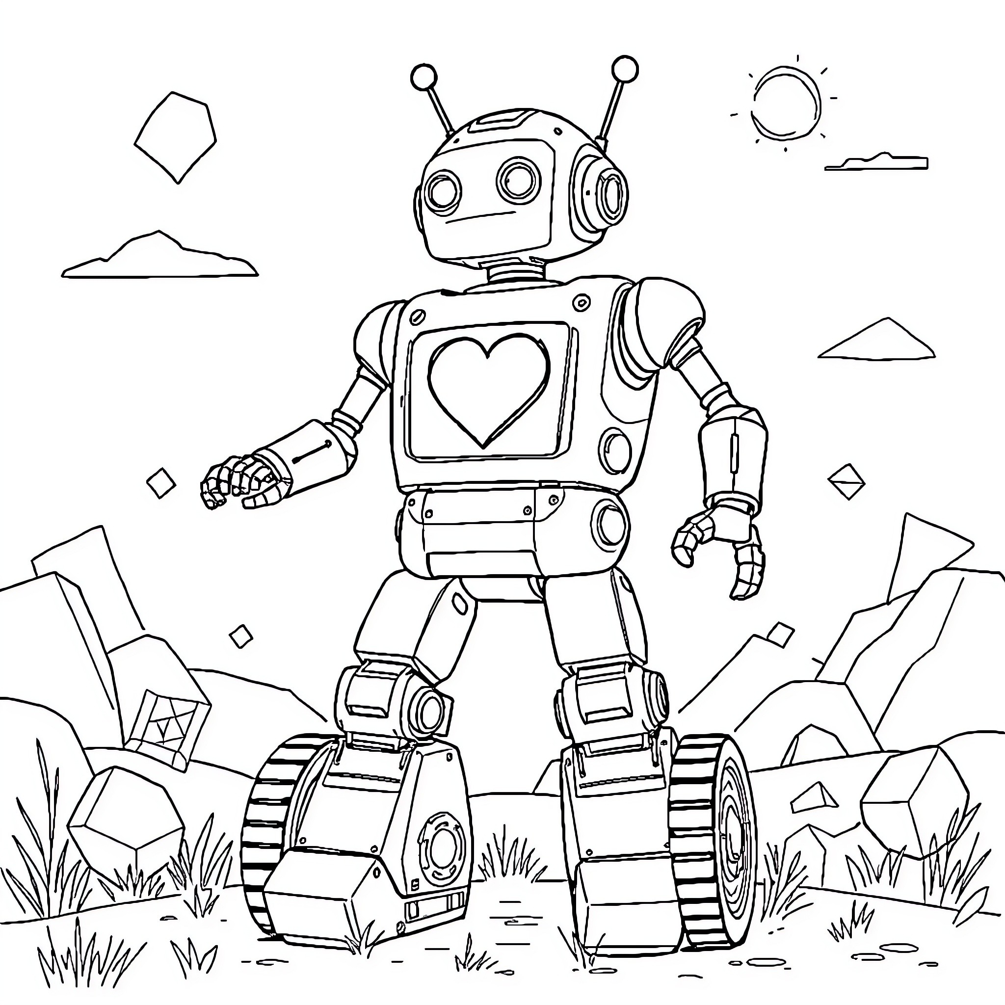 Robot with Heart Symbol Exploring Landscape Coloring Page (free black-and-white line drawing printable PDF for all, from beginners to advanced learners, including children, teens, adults, and seniors)
