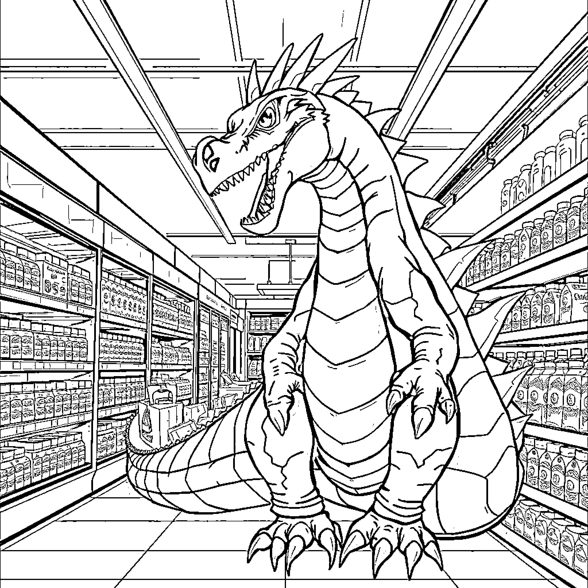 Dracaufeu shopping in the grocery store Coloring Page (free black-and-white line drawing printable PDF for all, from beginners to advanced learners, including children, teens, adults, and seniors)
