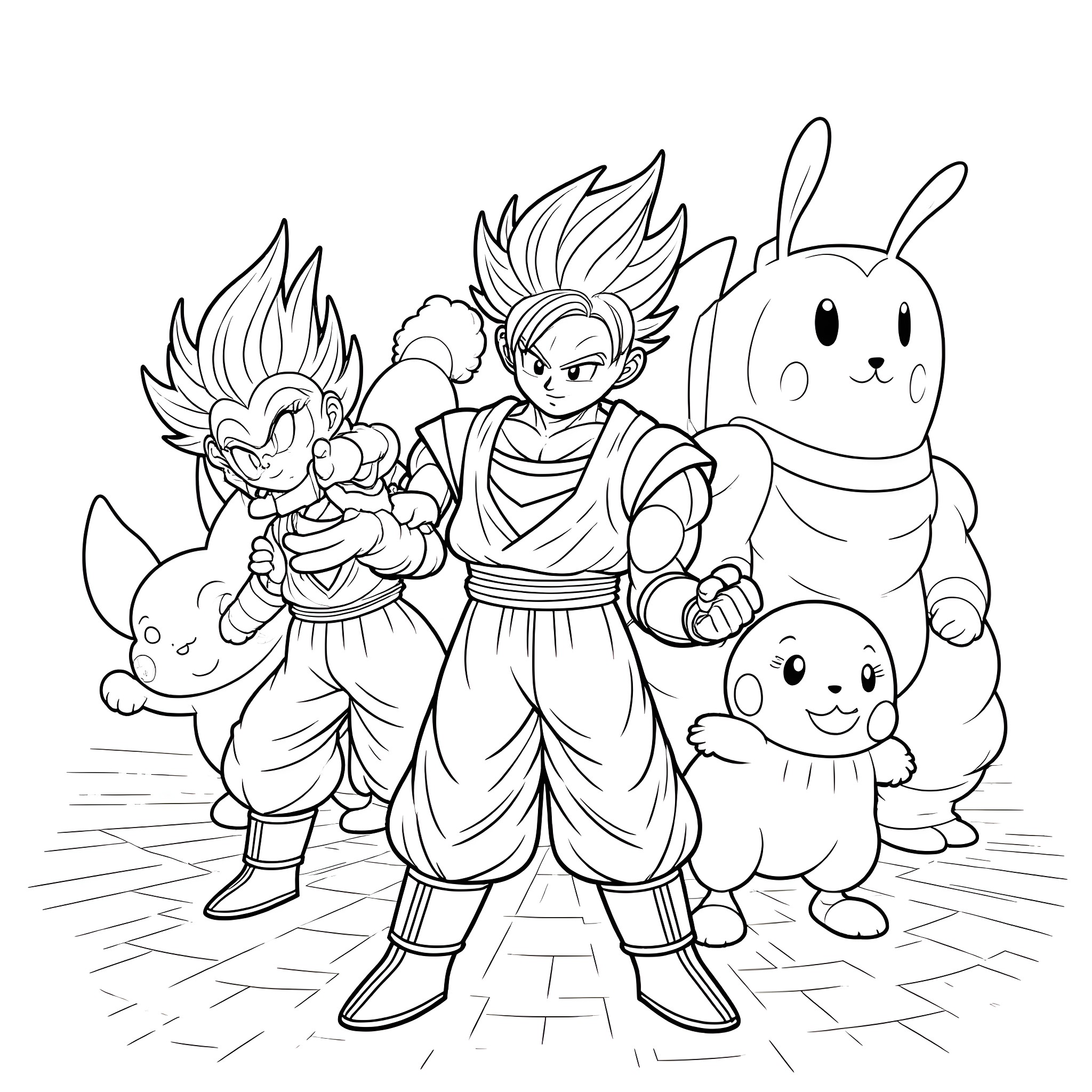 Dragon Ball Z characters in action poses Coloring Page (free black-and-white line drawing printable PDF for all, from beginners to advanced learners, including children, teens, adults, and seniors)