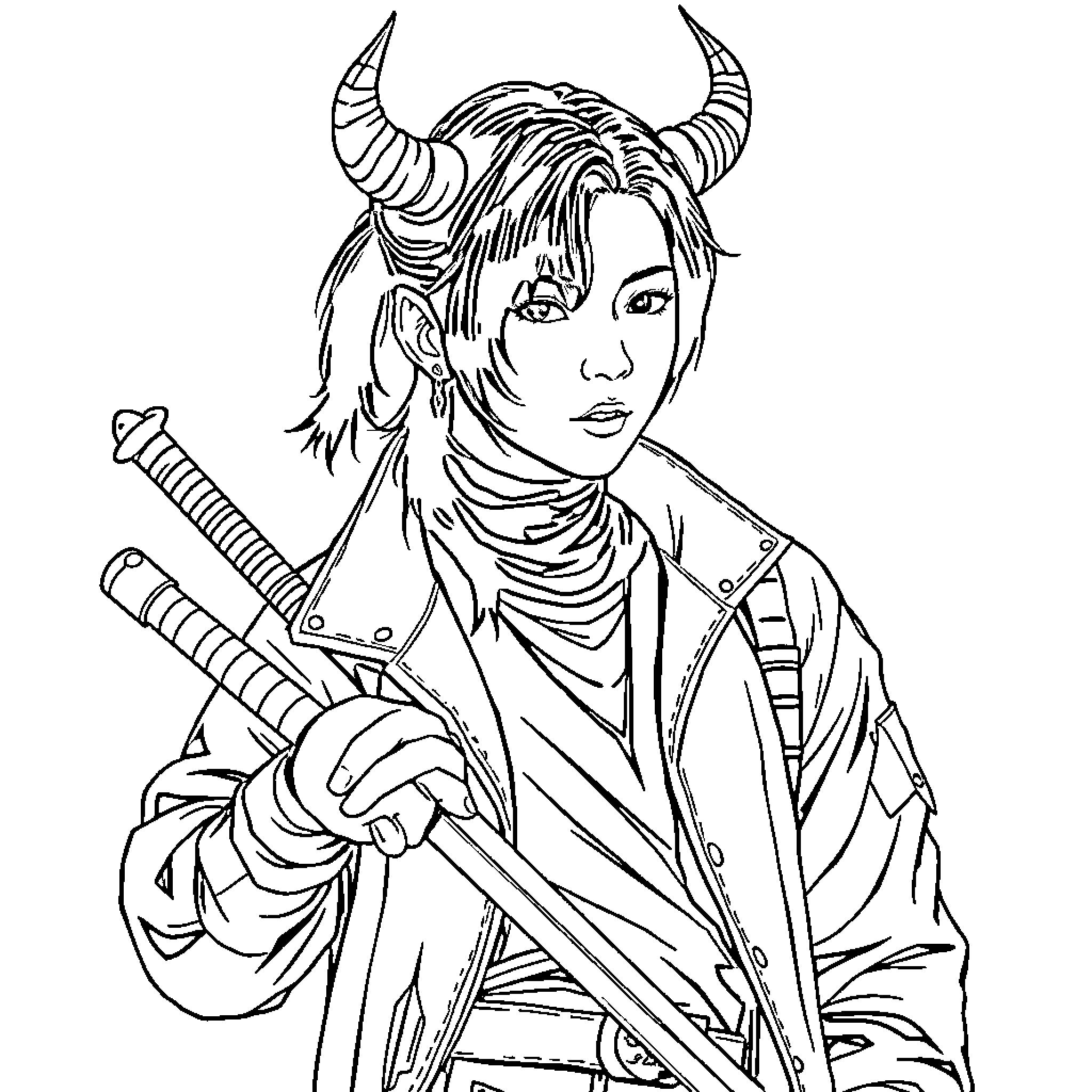 Demon Warrior with Horns and Sword Coloring Page (free black-and-white line drawing printable PDF for all, from beginners to advanced learners, including children, teens, adults, and seniors)