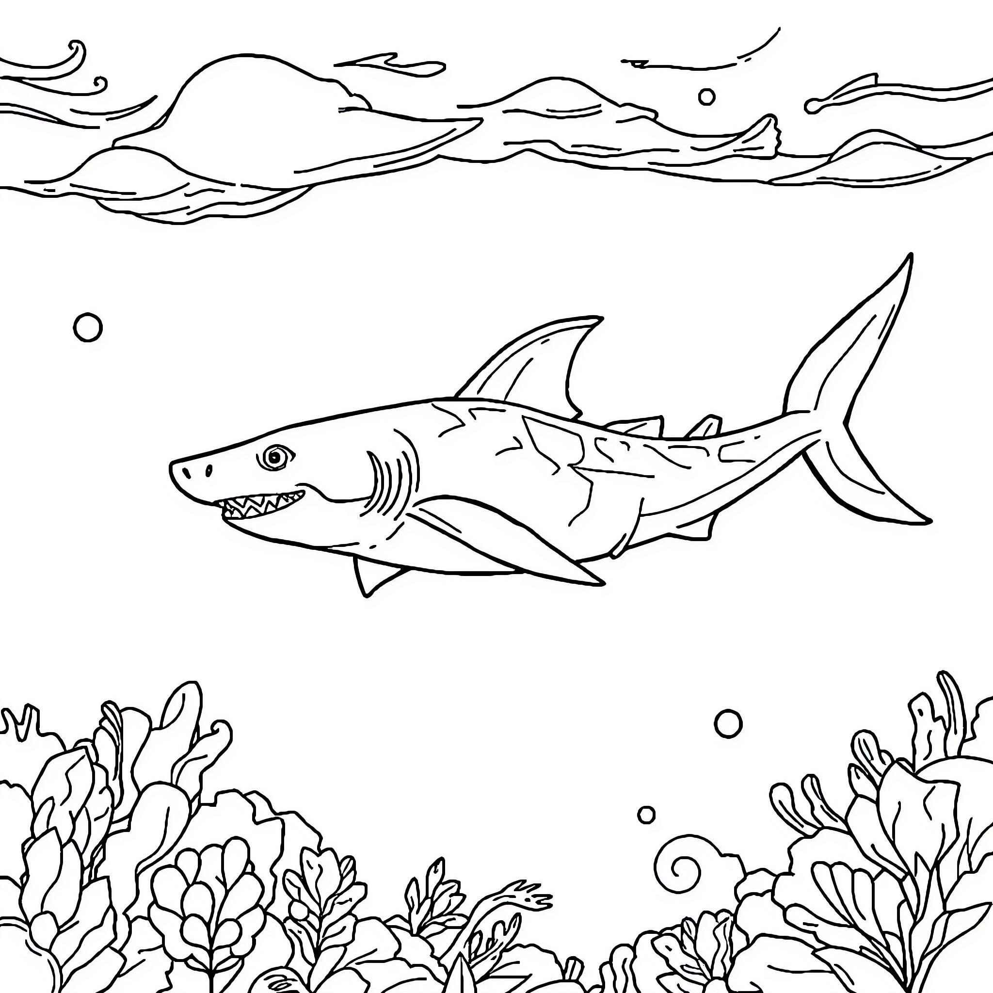 Dragon Shark Swimming Through Underwater Seascape Coloring Page (free black-and-white line drawing printable PDF for all, from beginners to advanced learners, including children, teens, adults, and seniors)