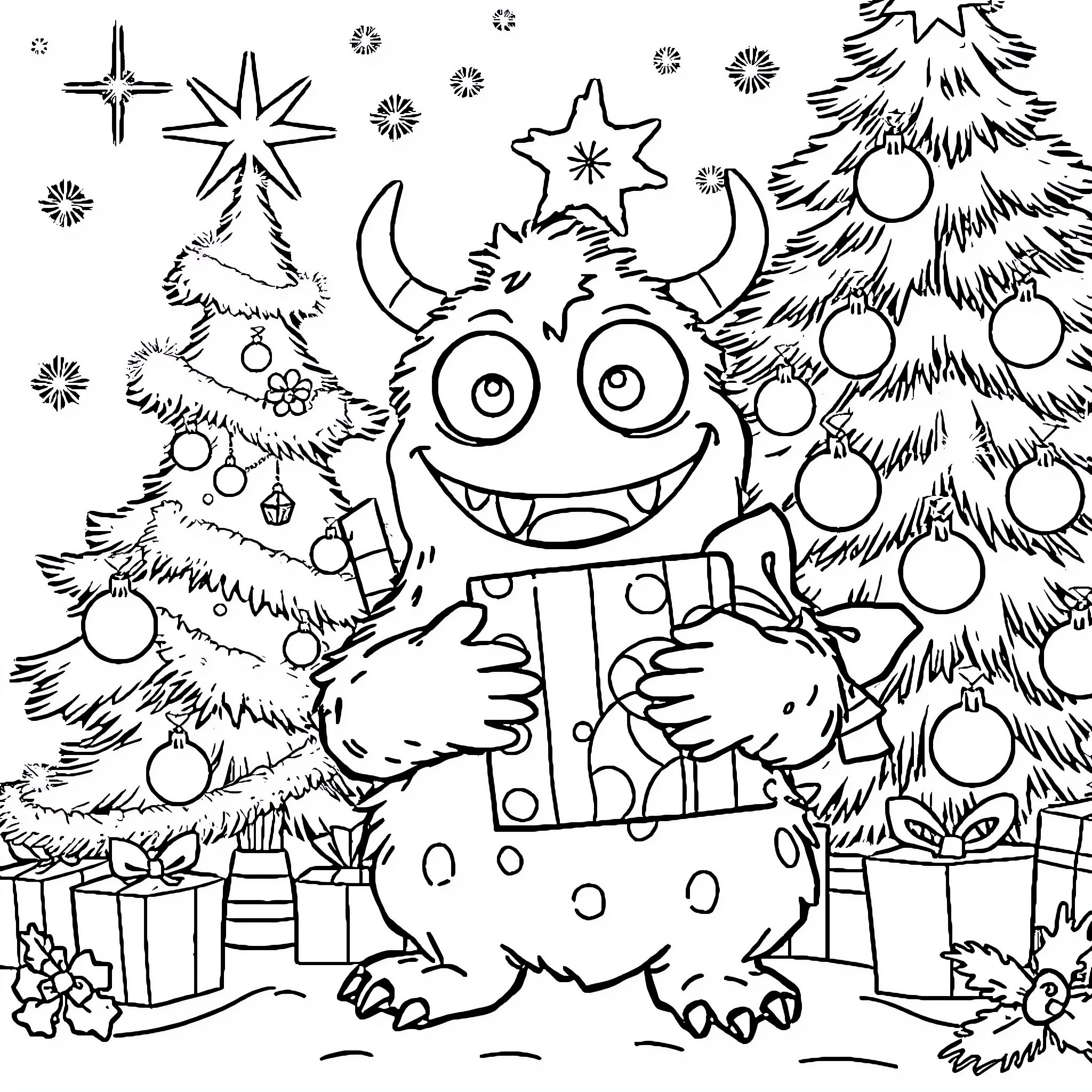 Labubu's Festive Adventure in the Christmas Forest Coloring Page (free black-and-white line drawing printable PDF for all, from beginners to advanced learners, including children, teens, adults, and seniors)