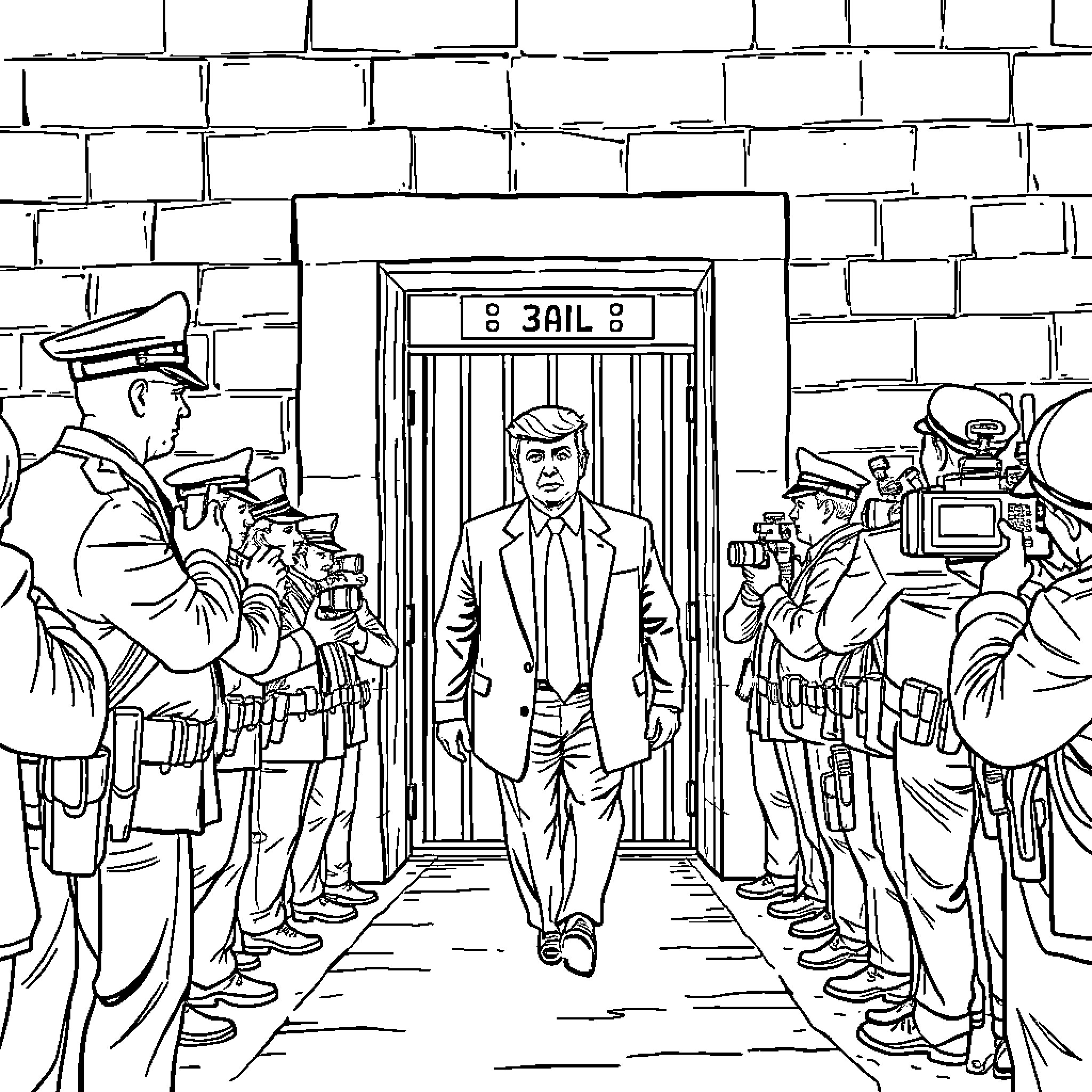 Trump walking out of jail amid media frenzy Coloring Page (free black-and-white line drawing printable PDF for all, from beginners to advanced learners, including children, teens, adults, and seniors)