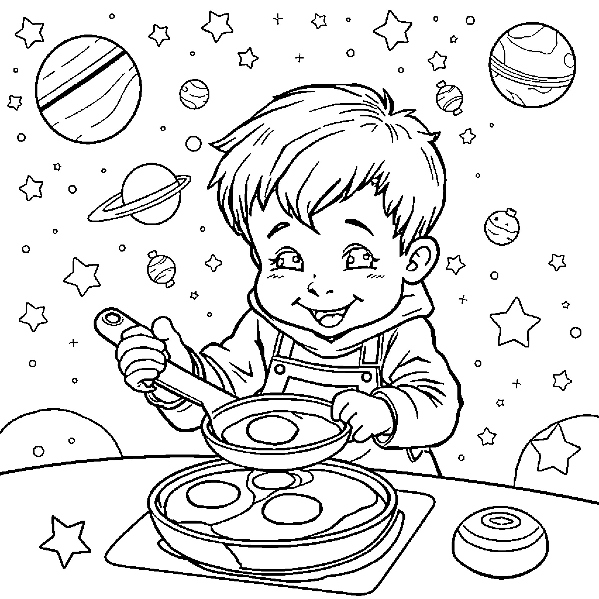 Jax's Intergalactic Breakfast Adventure Coloring Page (free black-and-white line drawing printable PDF for all, from beginners to advanced learners, including children, teens, adults, and seniors)