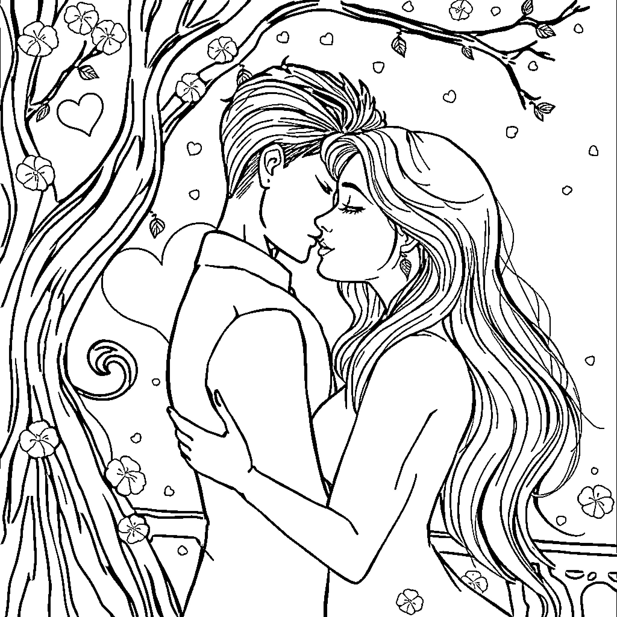 Korean Couple's Romantic Embrace in Nature Coloring Page (free black-and-white line drawing printable PDF for all, from beginners to advanced learners, including children, teens, adults, and seniors)