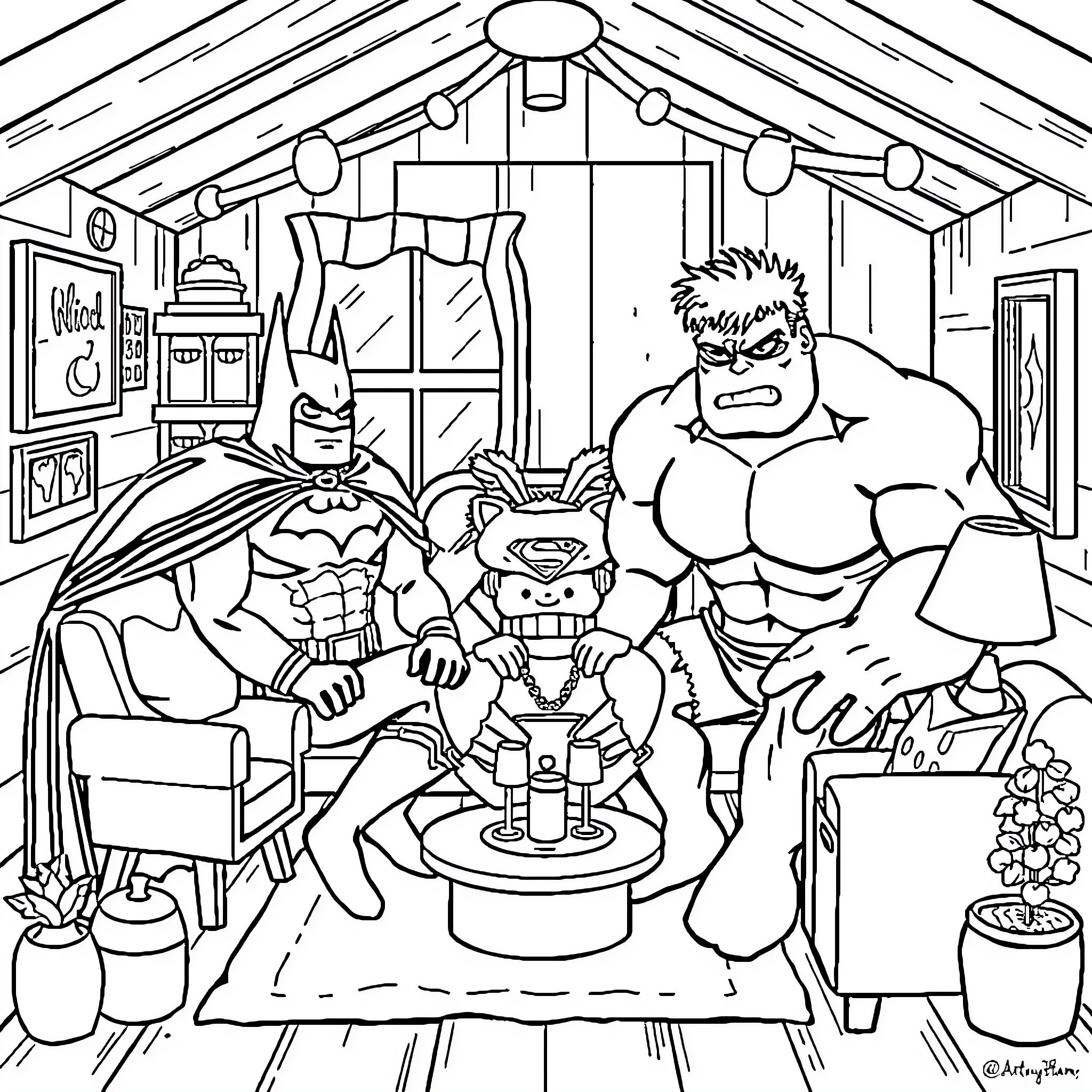 Superhero Characters Relaxing in Cozy Hideout Coloring Page (free black-and-white line drawing printable PDF for all, from beginners to advanced learners, including children, teens, adults, and seniors)