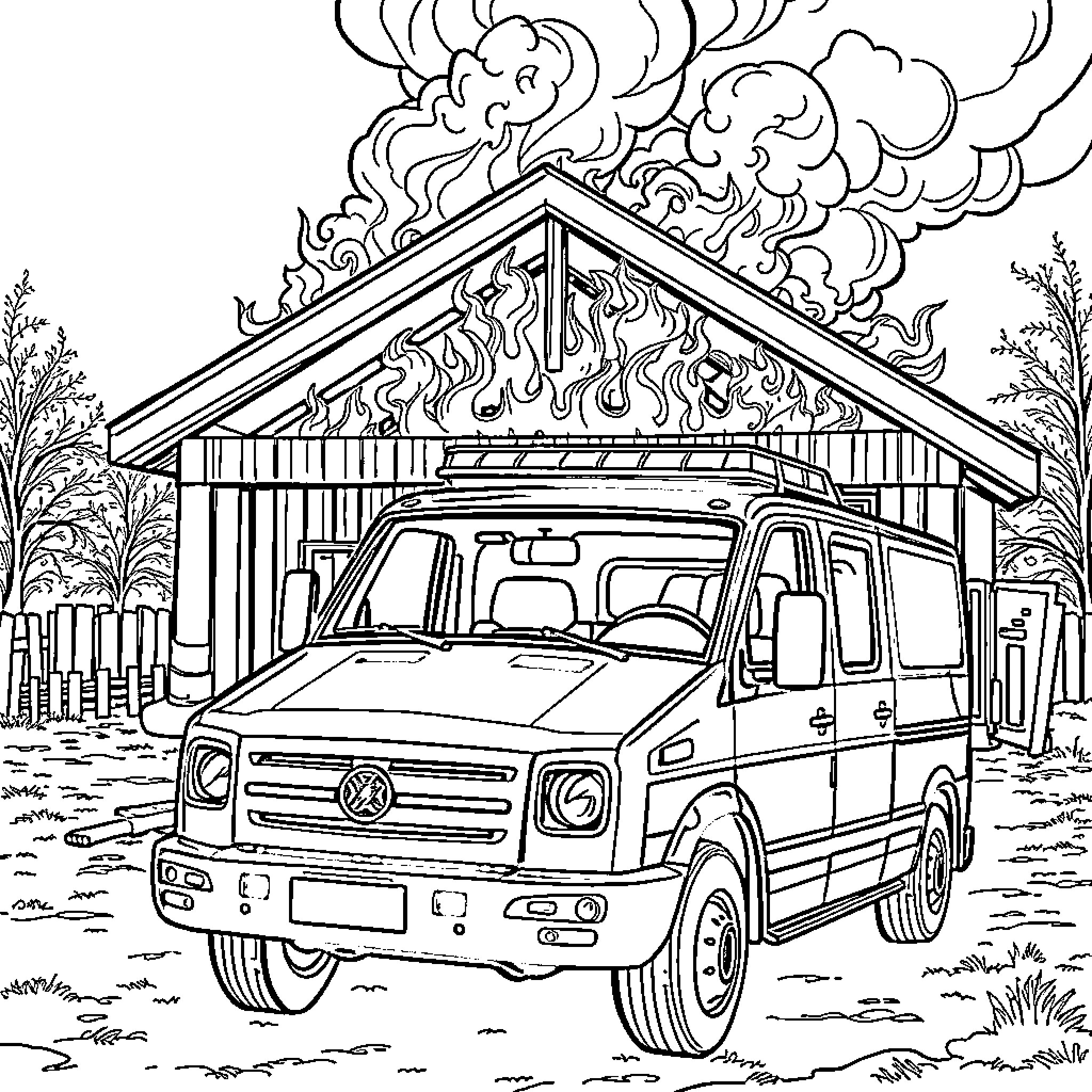 Feuerwehrauto Responding to Emergency Situation Coloring Page (free black-and-white line drawing printable PDF for all, from beginners to advanced learners, including children, teens, adults, and seniors)