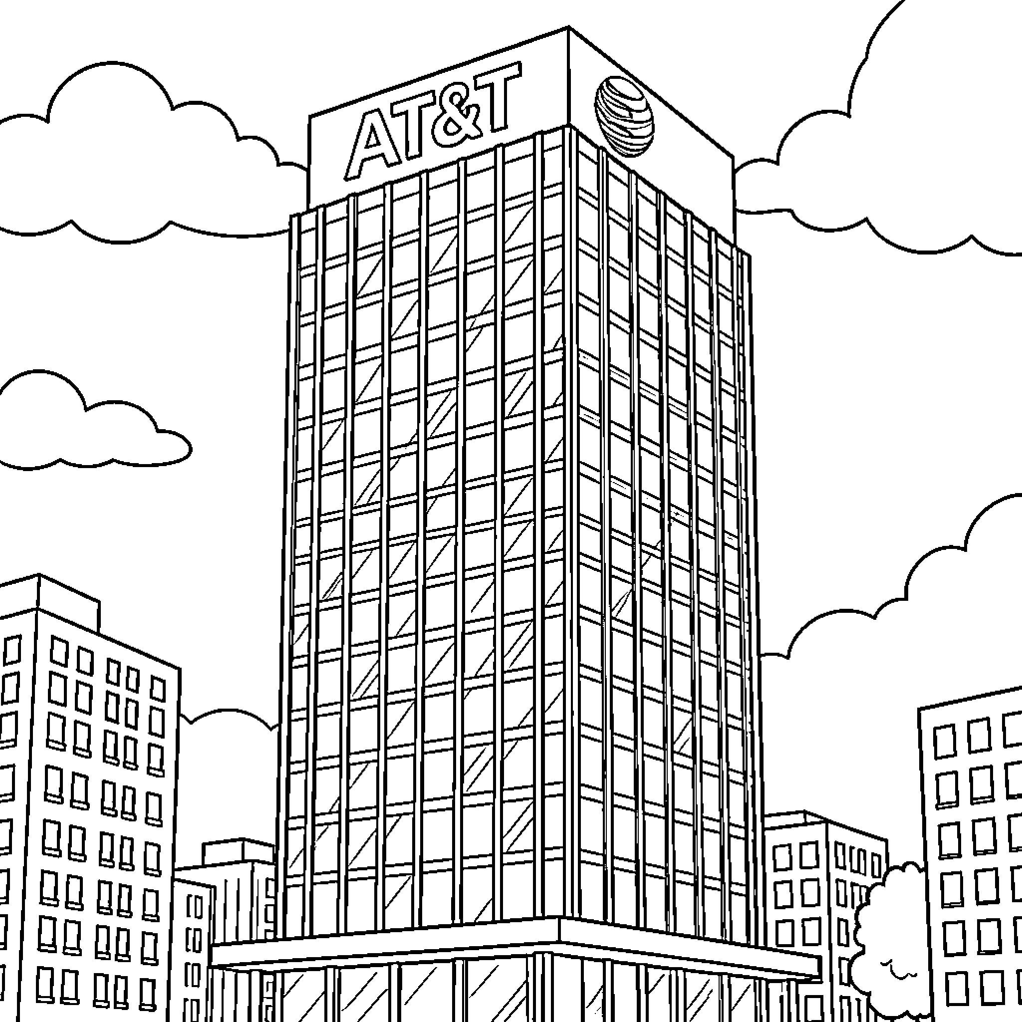AT&T Building in a modern city skyline Coloring Page (free black-and-white line drawing printable PDF for all, from beginners to advanced learners, including children, teens, adults, and seniors)