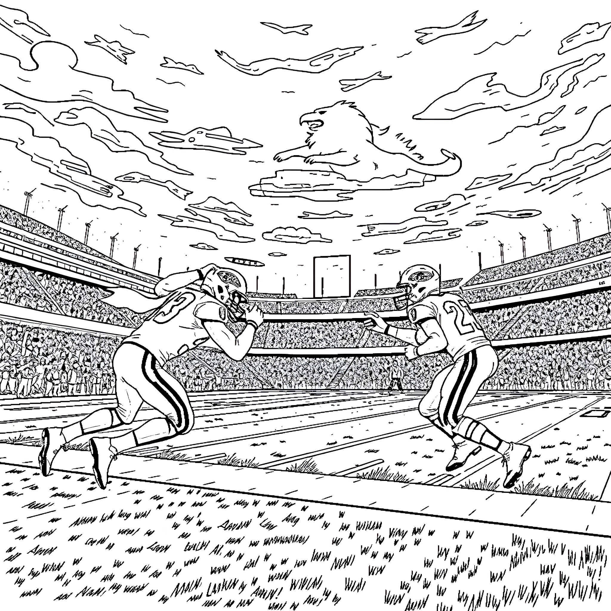 Raven athletes competing in a sports stadium Coloring Page (free black-and-white line drawing printable PDF for all, from beginners to advanced learners, including children, teens, adults, and seniors)
