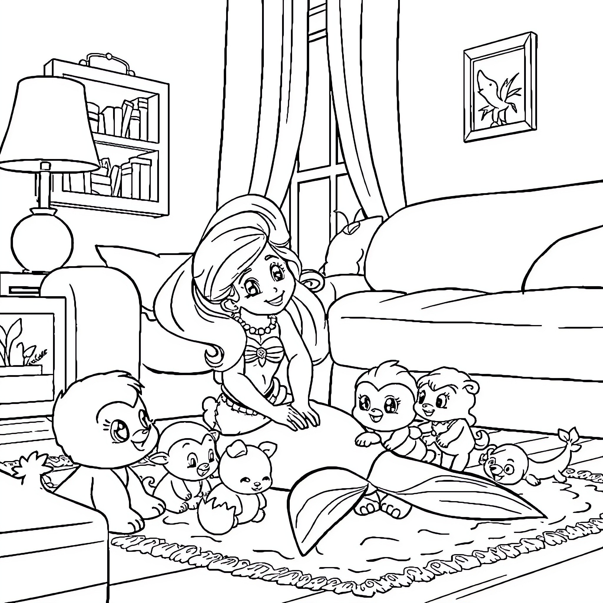Ariel caring for her animal friends in her room Coloring Page (free black-and-white line drawing printable PDF for all, from beginners to advanced learners, including children, teens, adults, and seniors)