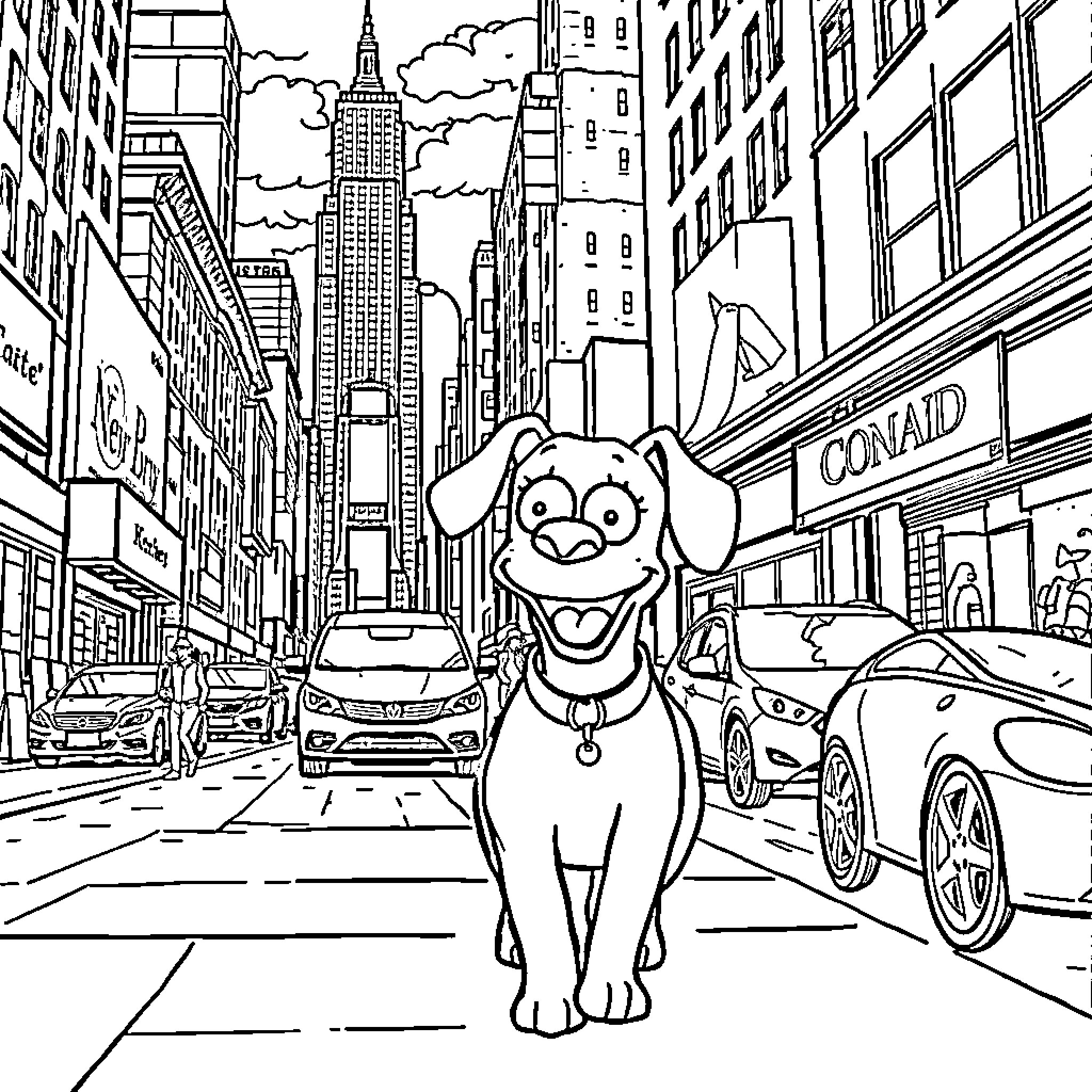 Dog exploring the bustling city streets Coloring Page (free black-and-white line drawing printable PDF for all, from beginners to advanced learners, including children, teens, adults, and seniors)