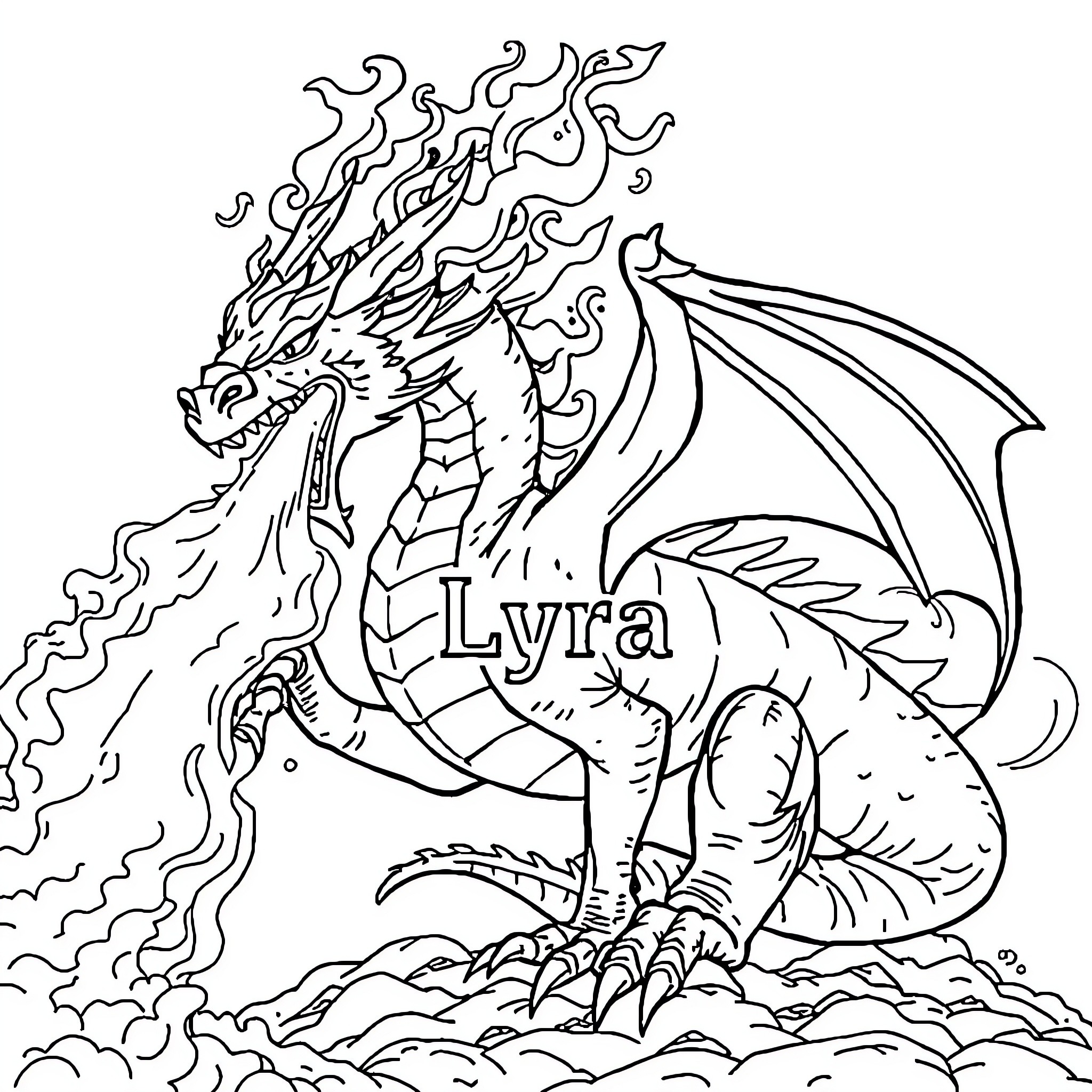 Dragon breathing fire with name Lyra Coloring Page (free black-and-white line drawing printable PDF for all, from beginners to advanced learners, including children, teens, adults, and seniors)