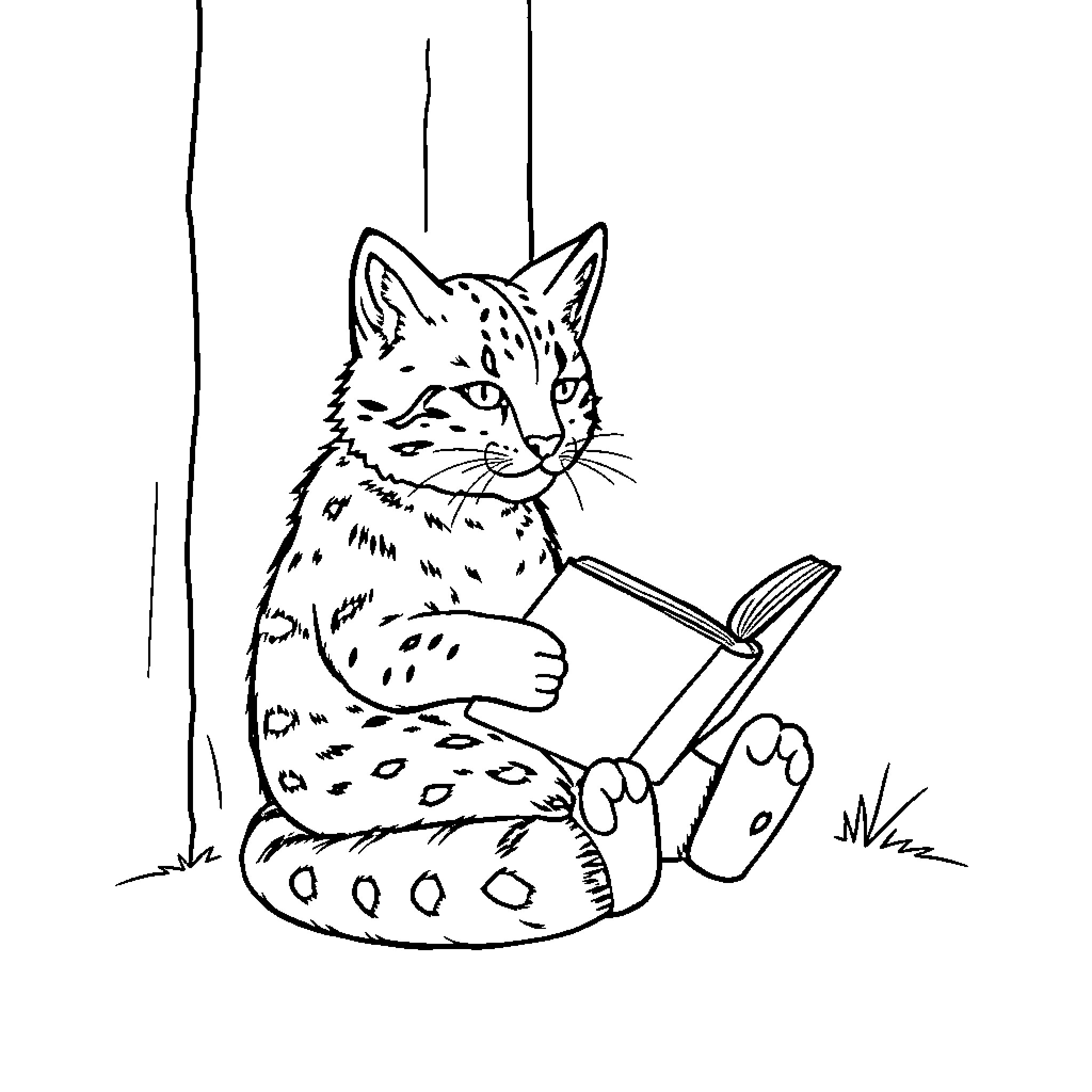Bobcat reading a book in nature Coloring Page (free black-and-white line drawing printable PDF for all, from beginners to advanced learners, including children, teens, adults, and seniors)