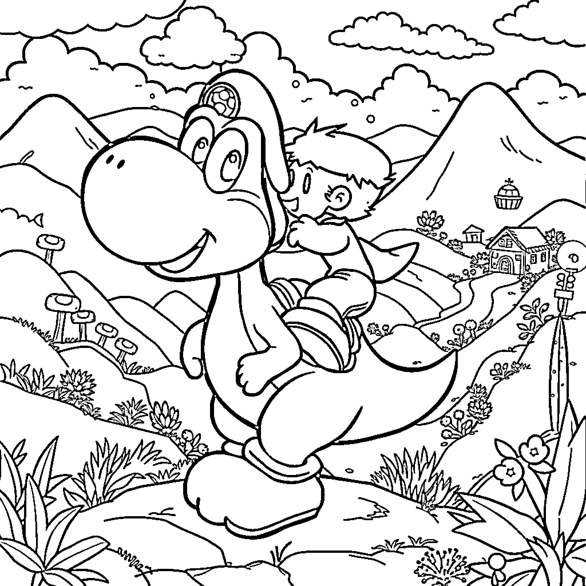 Yoshi's Joyful Adventure in the Scenic Landscape Coloring Page (free black-and-white line drawing printable PDF for all, from beginners to advanced learners, including children, teens, adults, and seniors)