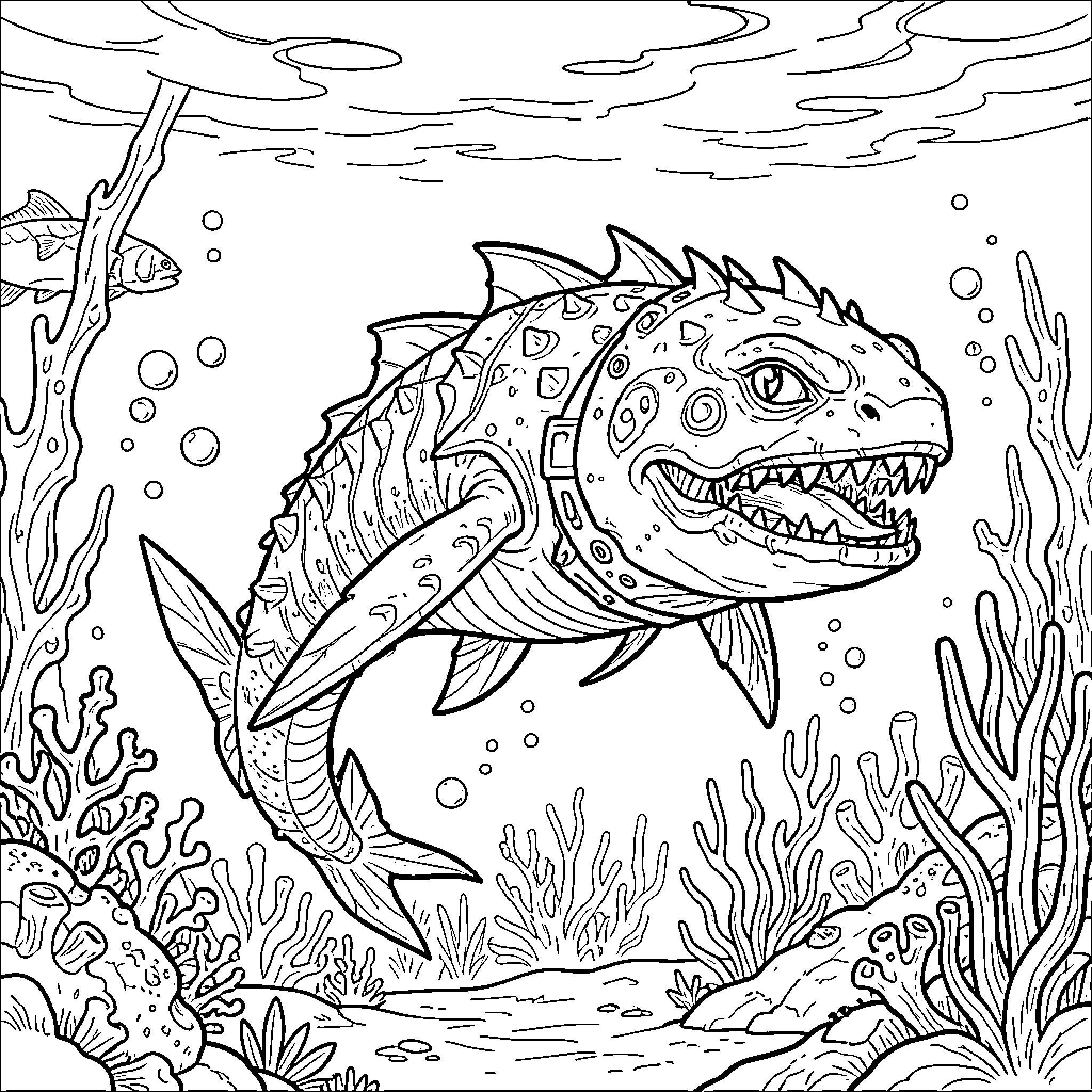 Leviathan swimming through a coral reef underwater Coloring Page (free black-and-white line drawing printable PDF for all, from beginners to advanced learners, including children, teens, adults, and seniors)