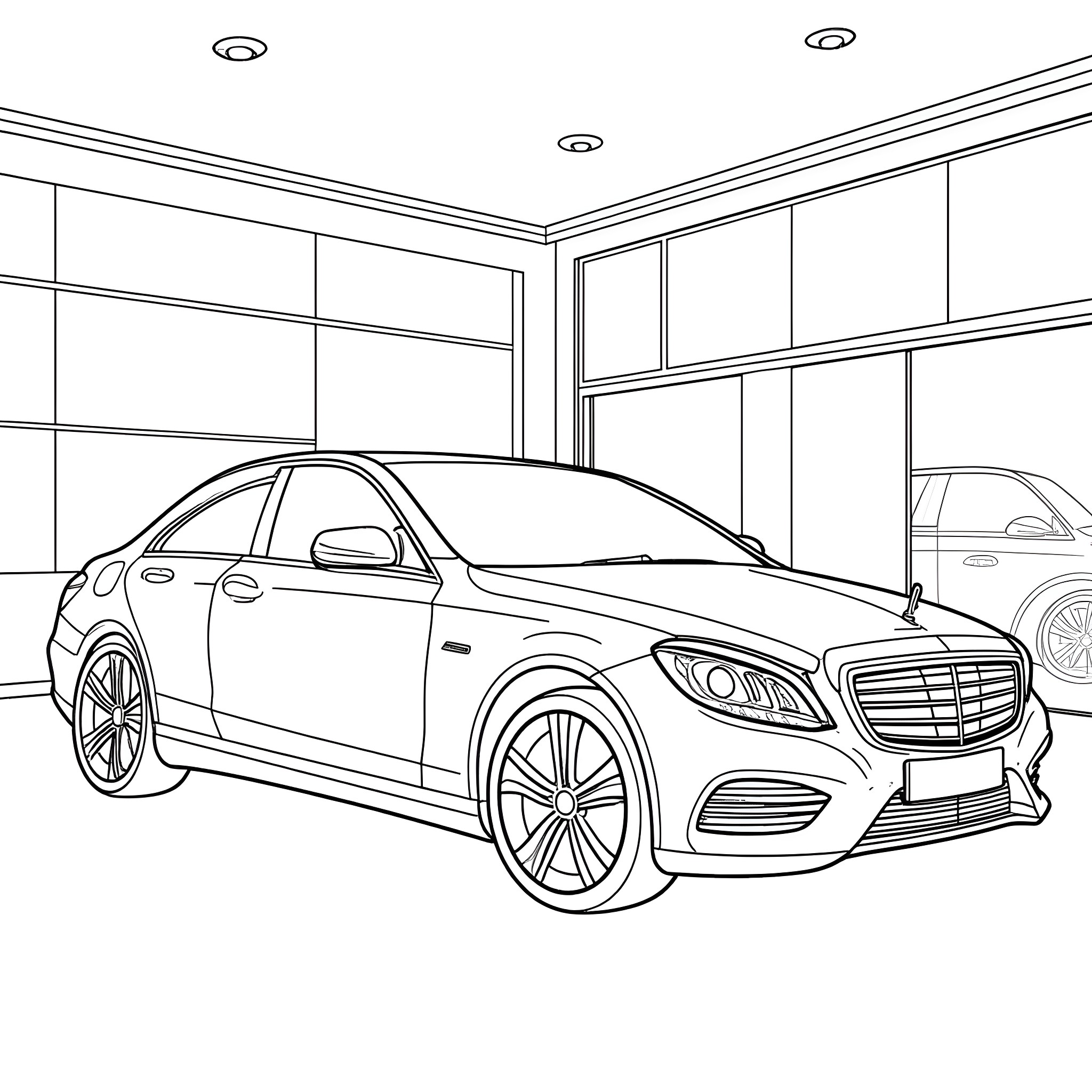 Mercedes luxury car showcased in showroom Coloring Page (free black-and-white line drawing printable PDF for all, from beginners to advanced learners, including children, teens, adults, and seniors)