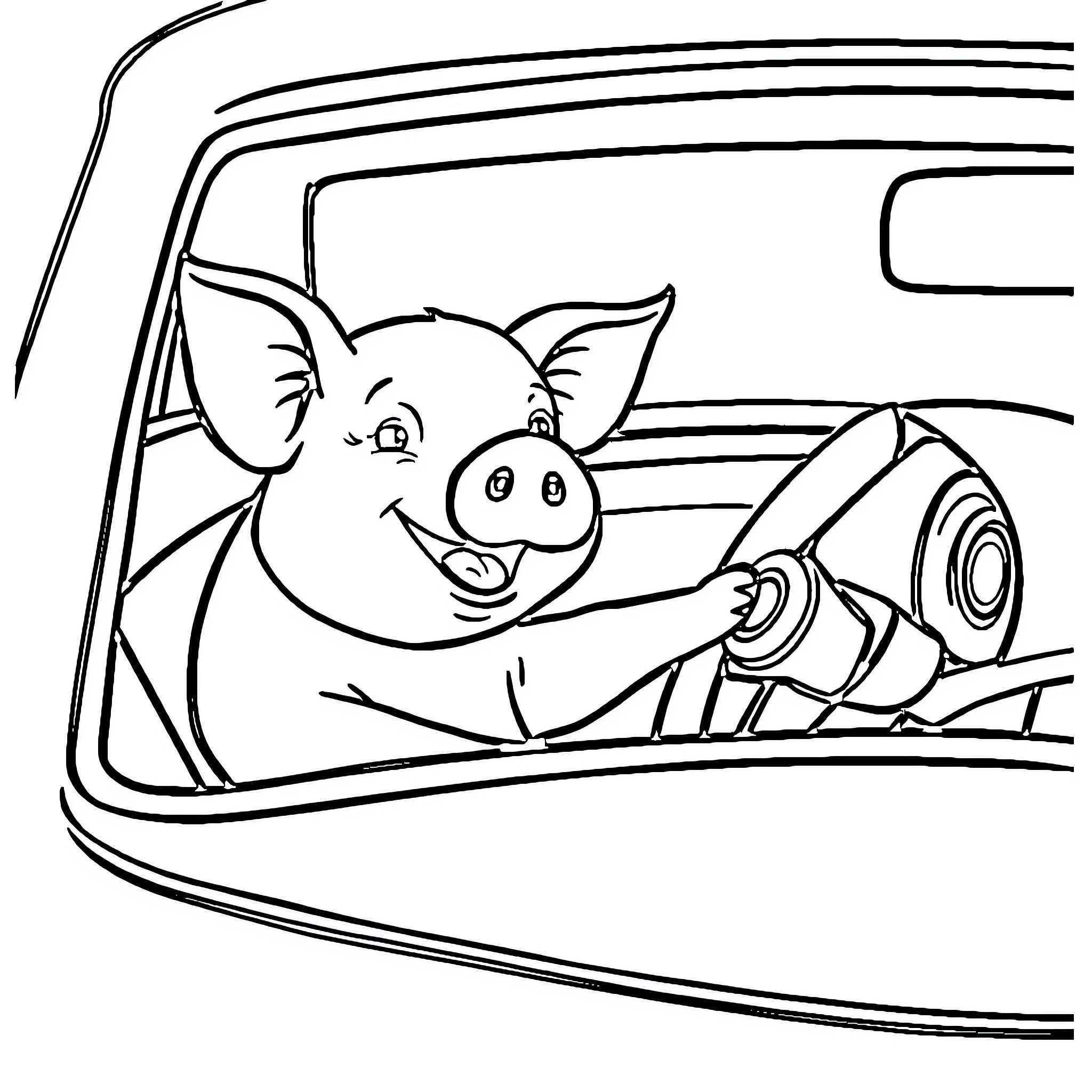 Pig driving happily in the car Coloring Page (free black-and-white line drawing printable PDF for all, from beginners to advanced learners, including children, teens, adults, and seniors)