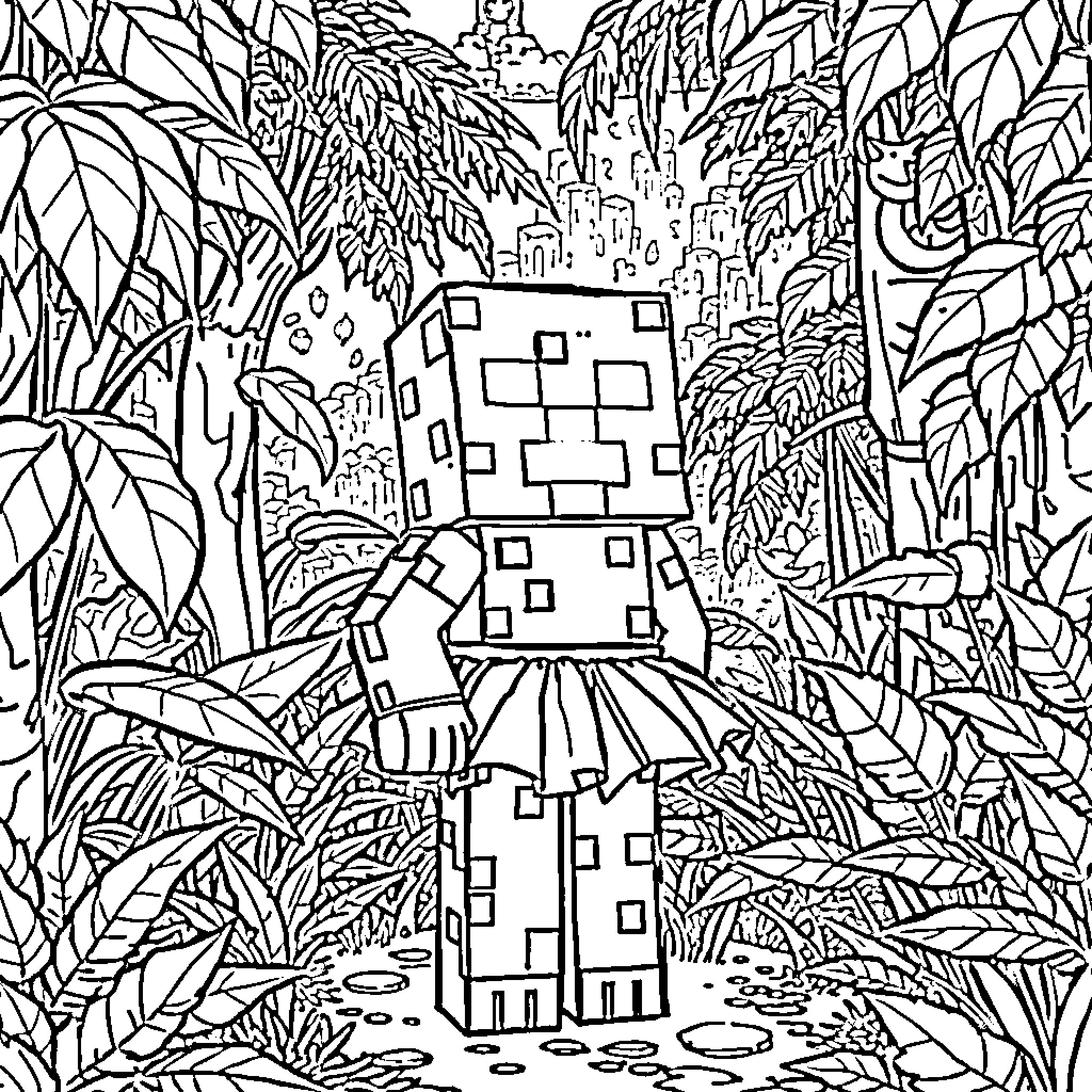 Kreeper exploring the enchanted jungle Coloring Page (free black-and-white line drawing printable PDF for all, from beginners to advanced learners, including children, teens, adults, and seniors)