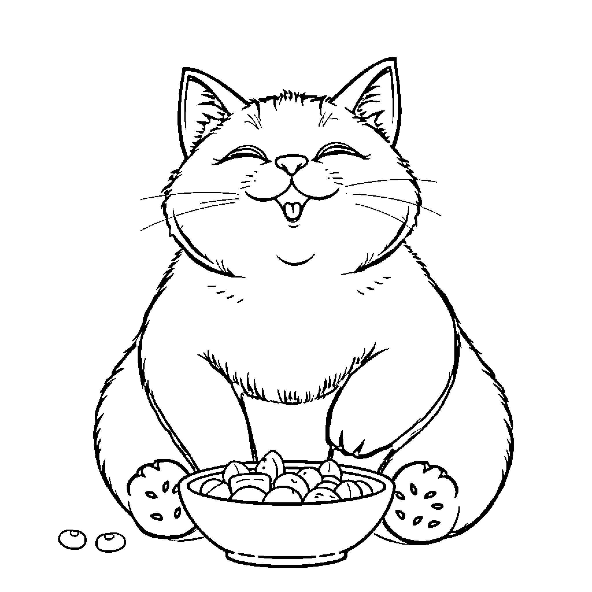 Cat enjoying a tasty snack Coloring Page (free black-and-white line drawing printable PDF for all, from beginners to advanced learners, including children, teens, adults, and seniors)