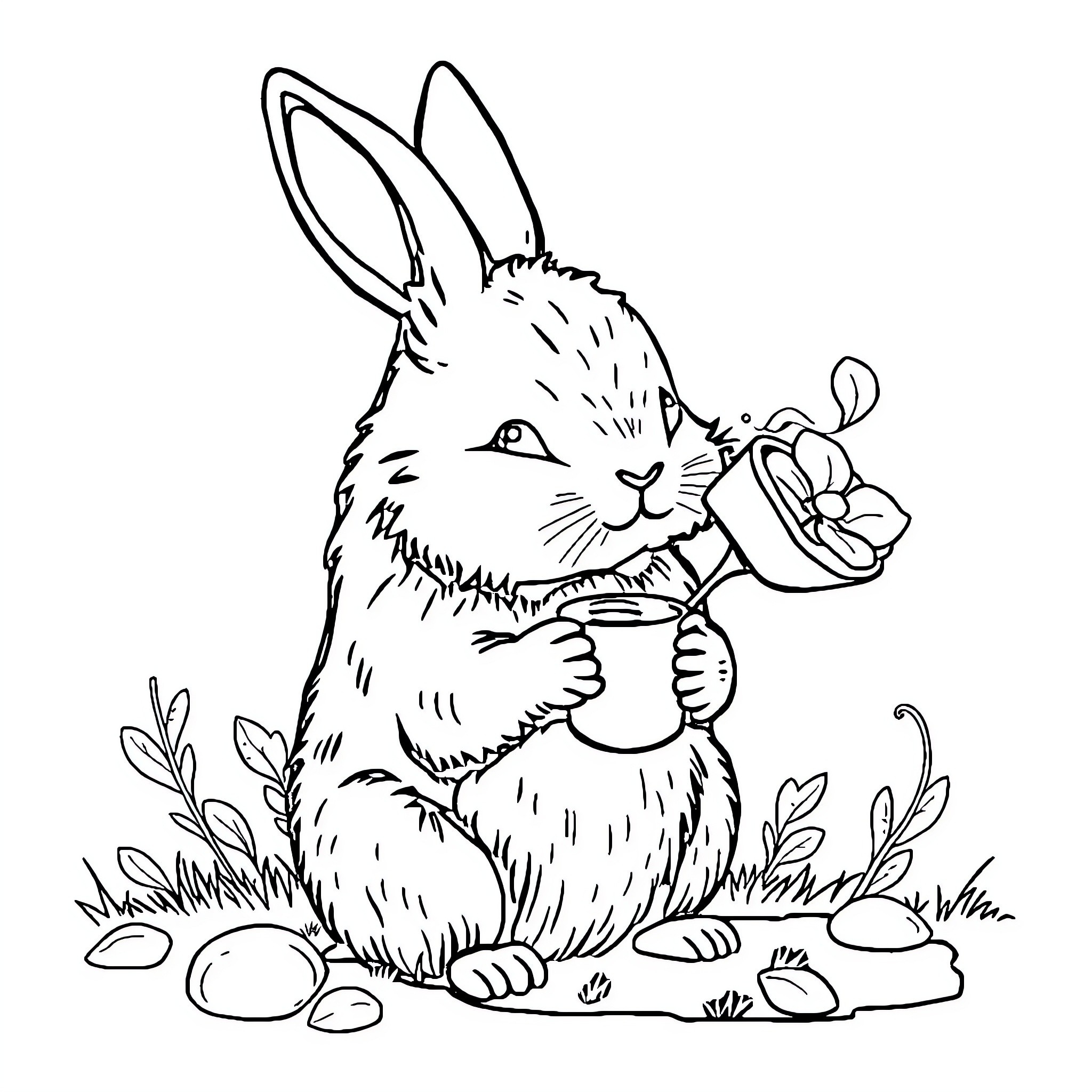 Conejo Holding a Gift in a Grassy Scene Coloring Page (free black-and-white line drawing printable PDF for all, from beginners to advanced learners, including children, teens, adults, and seniors)