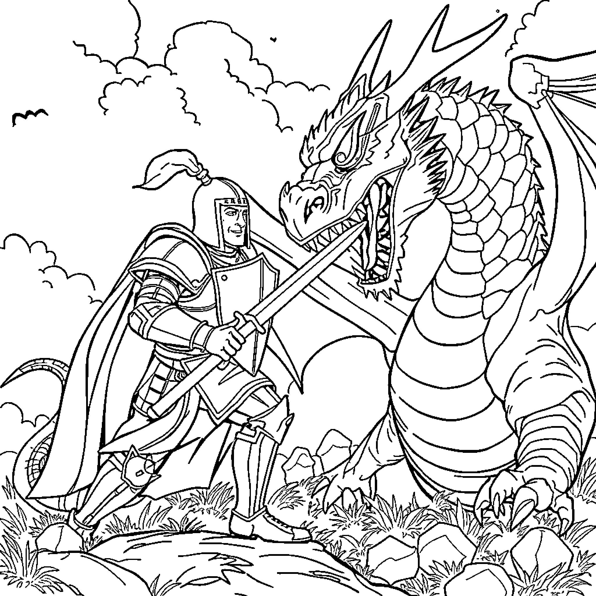 Knight Confronting Fearsome Dragon in Fantastical Landscape Coloring Page (free black-and-white line drawing printable PDF for all, from beginners to advanced learners, including children, teens, adults, and seniors)