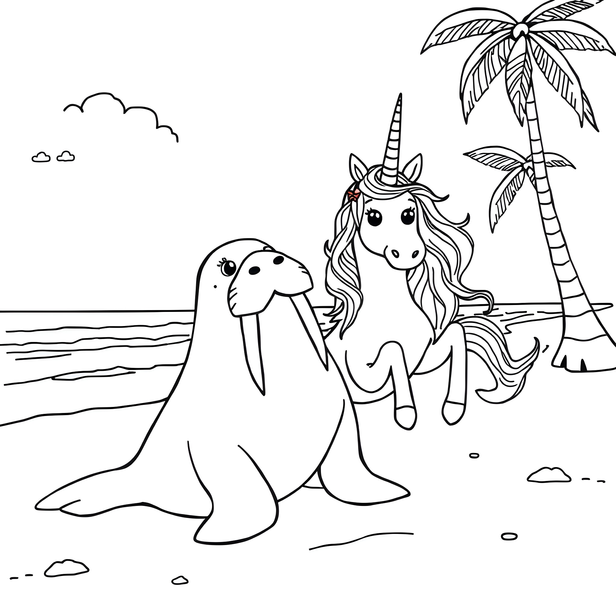 Walrus and Unicorn on Tropical Beach Coloring Page (free black-and-white line drawing printable PDF for all, from beginners to advanced learners, including children, teens, adults, and seniors)