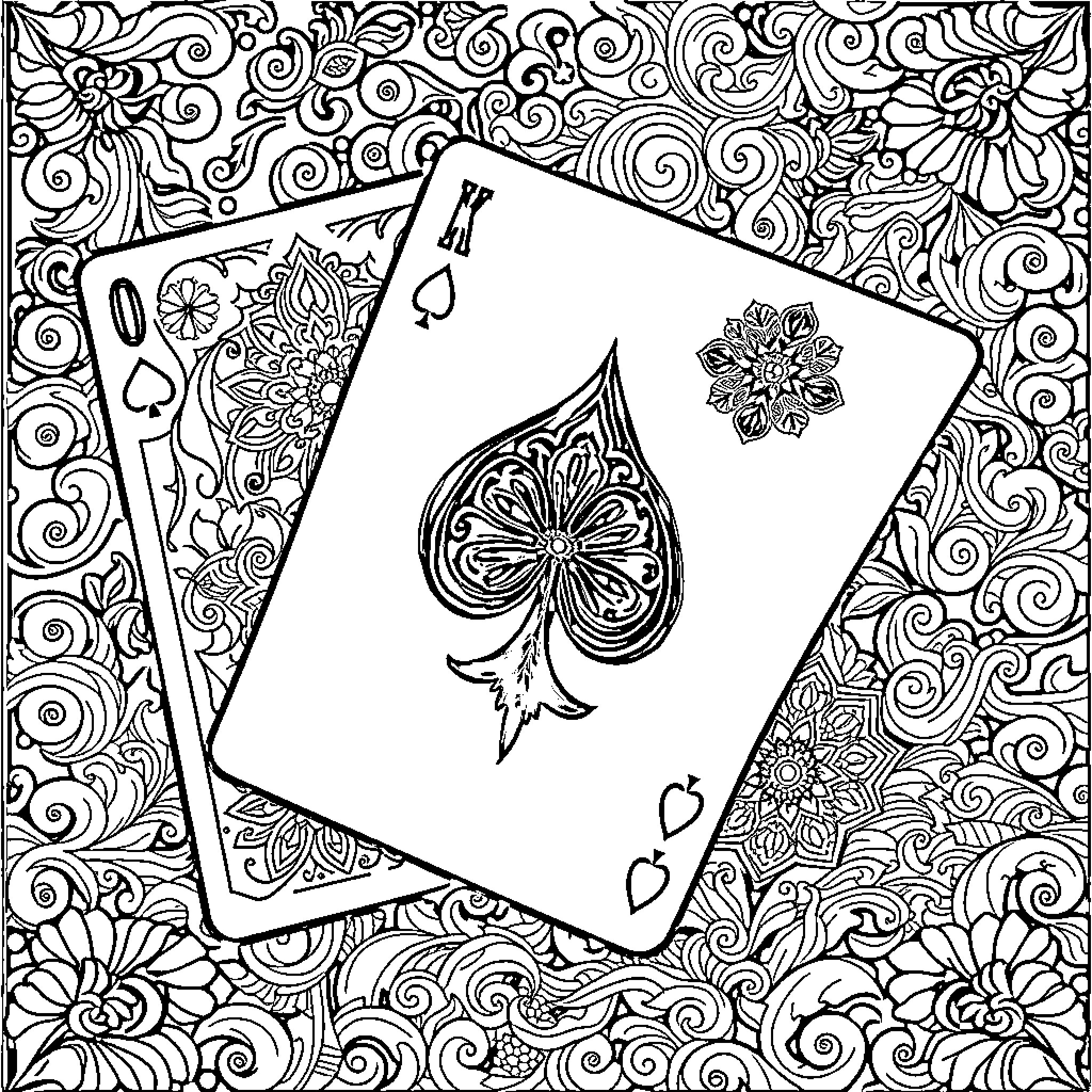 Playing Card with Ornate Floral Pattern Coloring Page (free black-and-white line drawing printable PDF for all, from beginners to advanced learners, including children, teens, adults, and seniors)