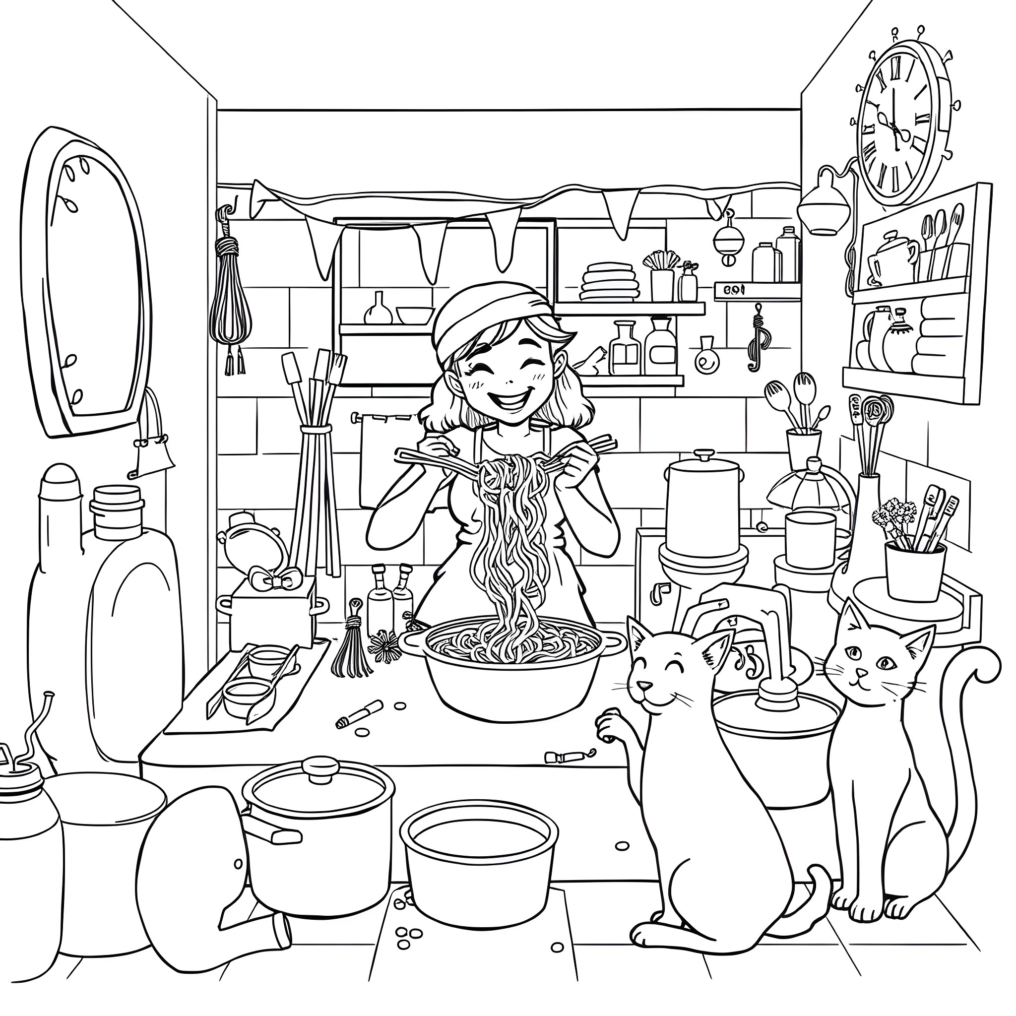 Mum cooking with her cats in the kitchen Coloring Page (free black-and-white line drawing printable PDF for all, from beginners to advanced learners, including children, teens, adults, and seniors)