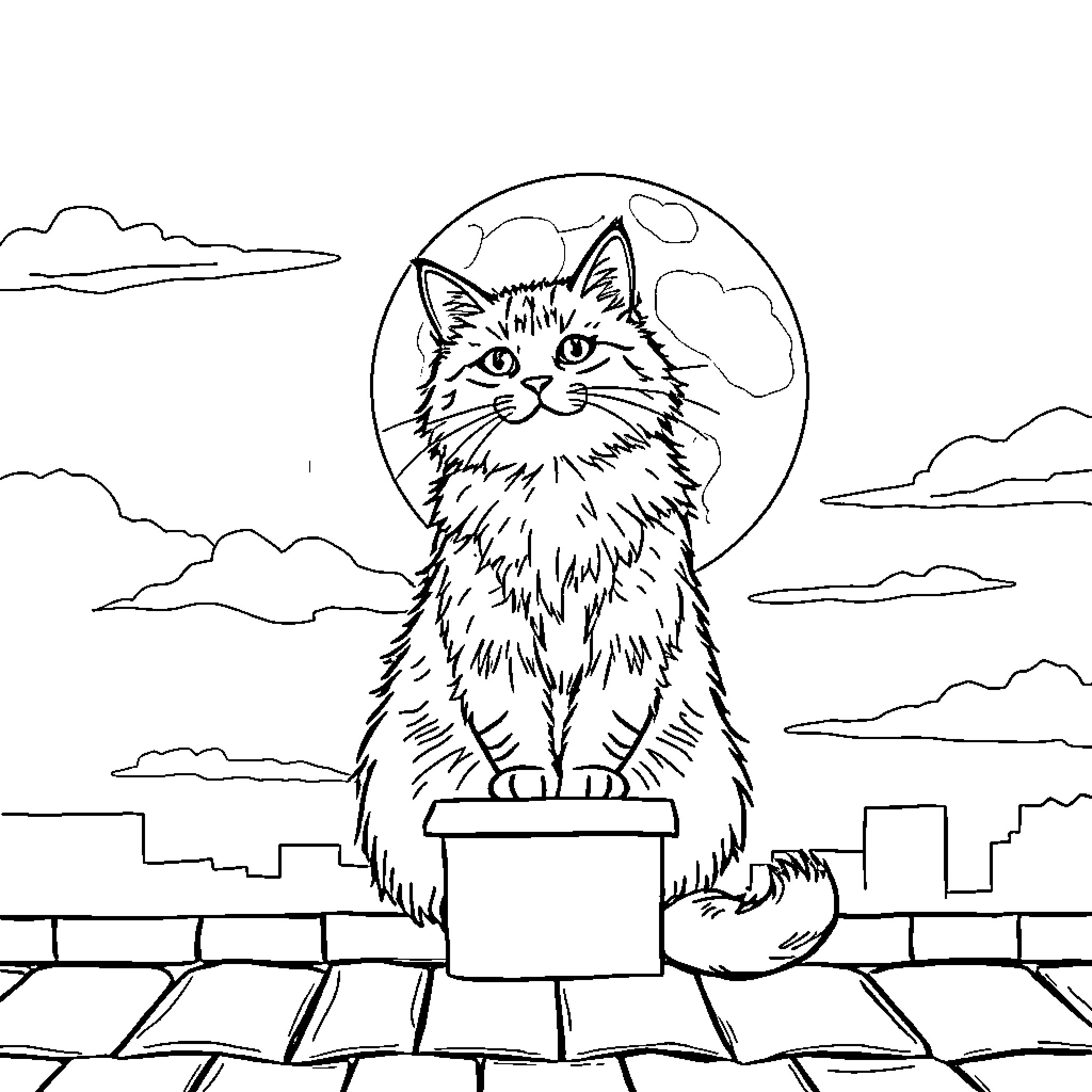 Cat sitting on a wall under the moon Coloring Page (free black-and-white line drawing printable PDF for all, from beginners to advanced learners, including children, teens, adults, and seniors)