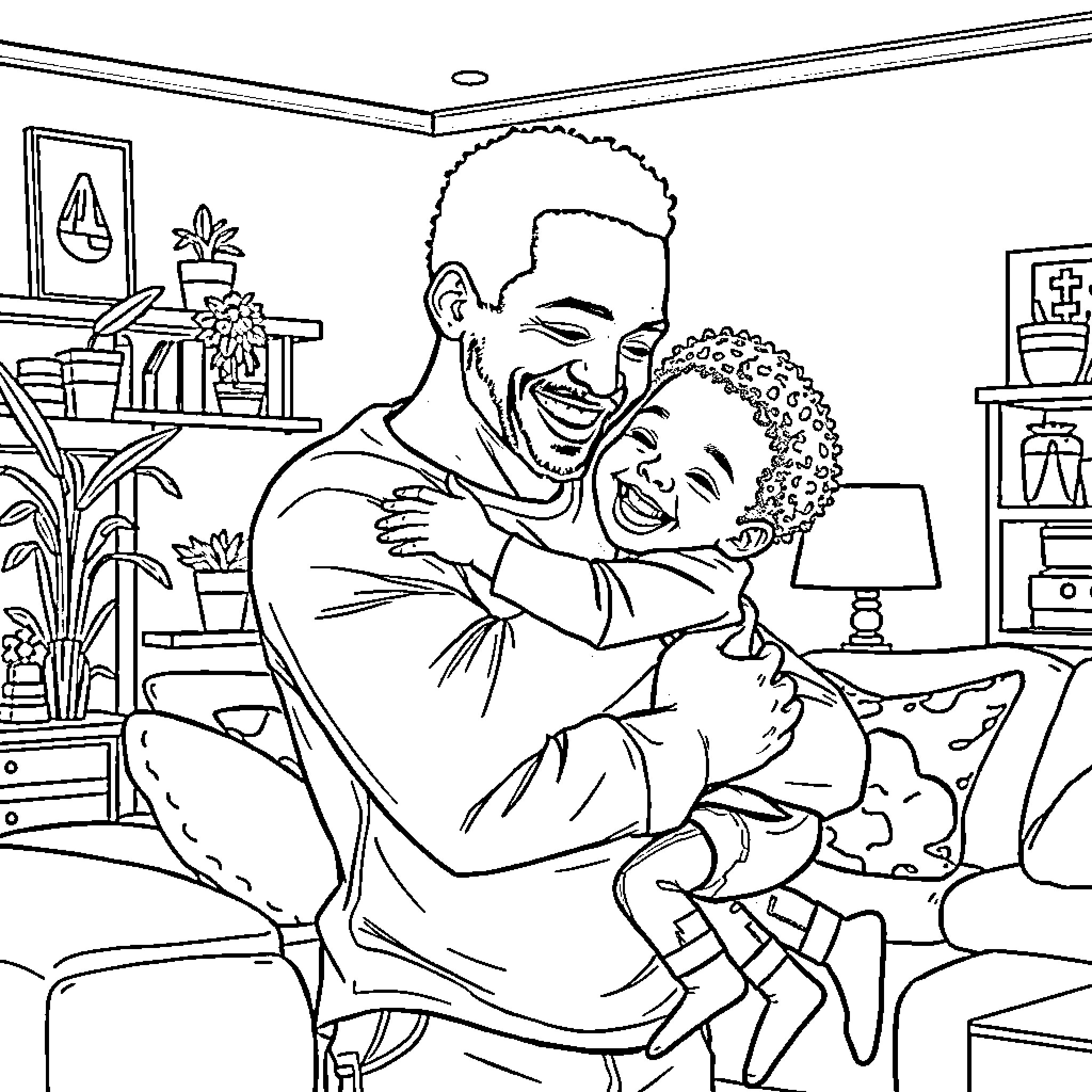 Child embracing their parent with affection Coloring Page (free black-and-white line drawing printable PDF for all, from beginners to advanced learners, including children, teens, adults, and seniors)