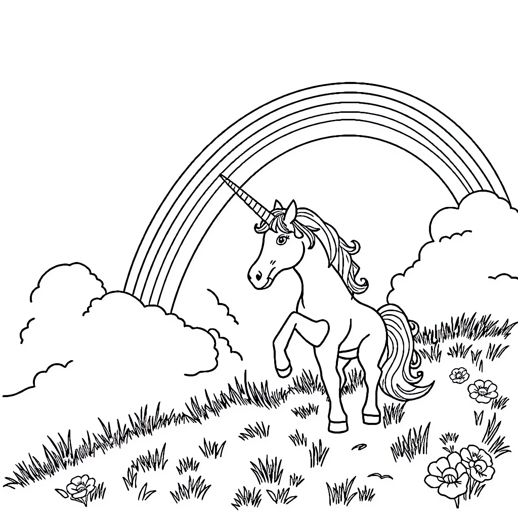 Einhorn prancing through a meadow with a rainbow Coloring Page (free black-and-white line drawing printable PDF for all, from beginners to advanced learners, including children, teens, adults, and seniors)
